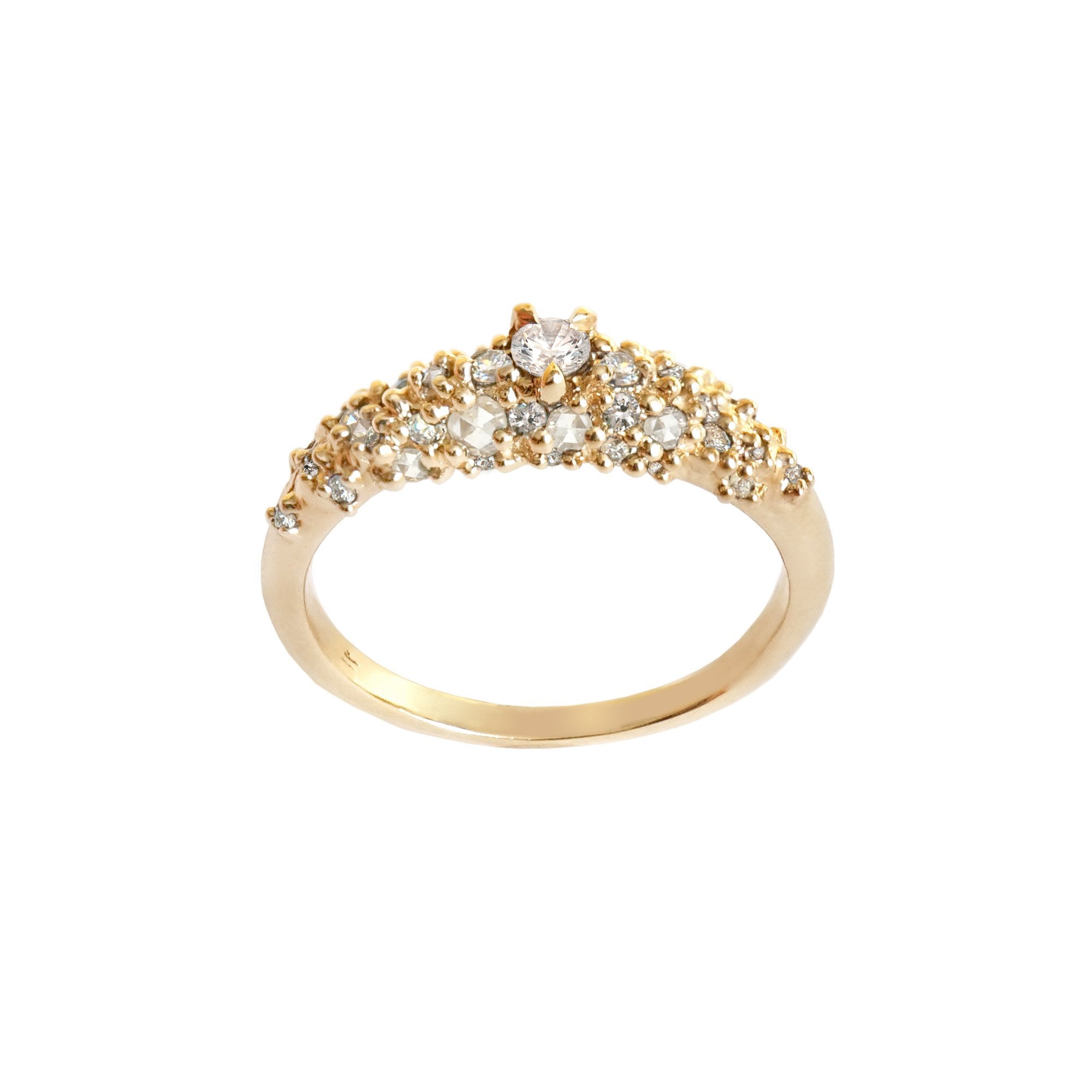 A product photo of Laurie Fleming Jewellery's "Diamond Mix Moss Signet Ring," a bold solid gold signet-style ring encrusted with varying sizes of round brilliant cut diamonds and rose cut diamonds on the band. The ring is on a white background.