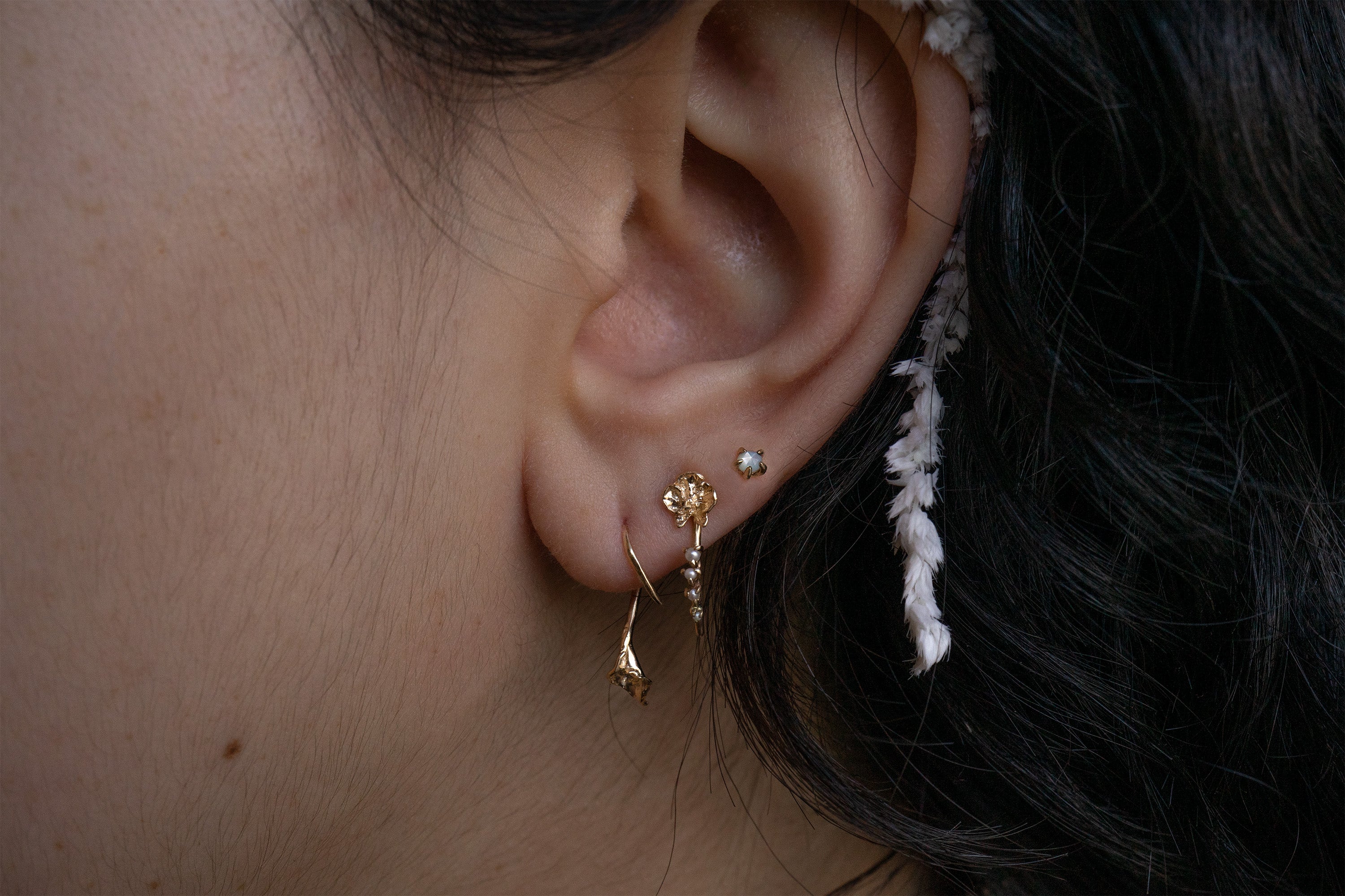Calla Lily Earring, White Orchid Earring with Freshwater Pearl Jacket, Mother of Pearl Moondew Stud - Laurie Fleming Jewellery