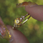 A one of a kind 18k yellow gold Water Lily engagement ring by Laurie Fleming Jewellery with a bright yellow round Montana sapphire centre with clusters of diamonds on the band. The ring is held between index finger and thumb and gently rotated before a background of unfocused plants in shades of soft green.