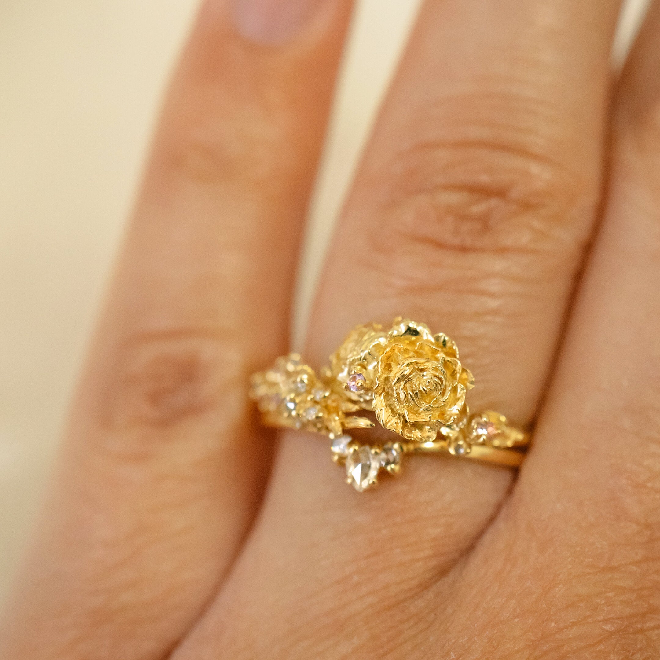 Rose Cut Pear Aika Ring and Asrai Garden Ring with Eos Band, Anemone, Lilacs, and Ranunculus - Laurie Fleming Jewellery