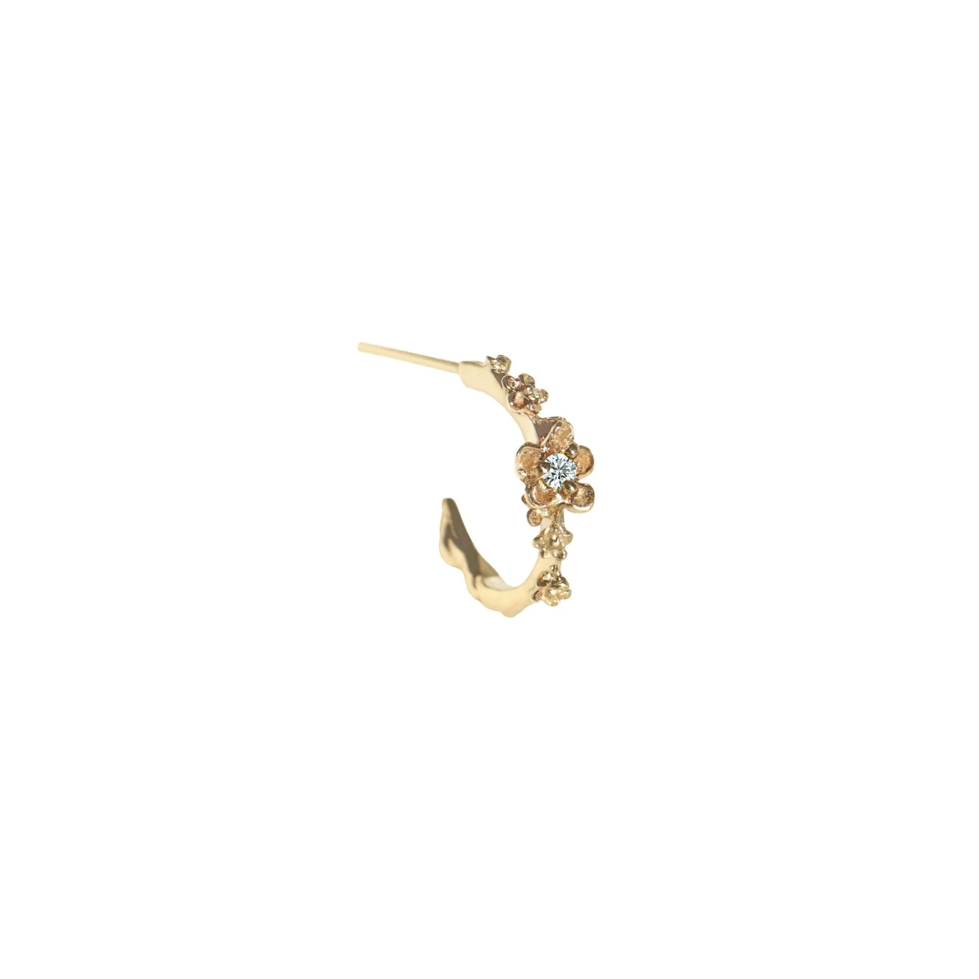 Laurie Fleming Jewellery "Small Buttercup Hoop" earring, featuring petite hand-carved buttercup flowers with a diamond centre. The earring is on a white background.