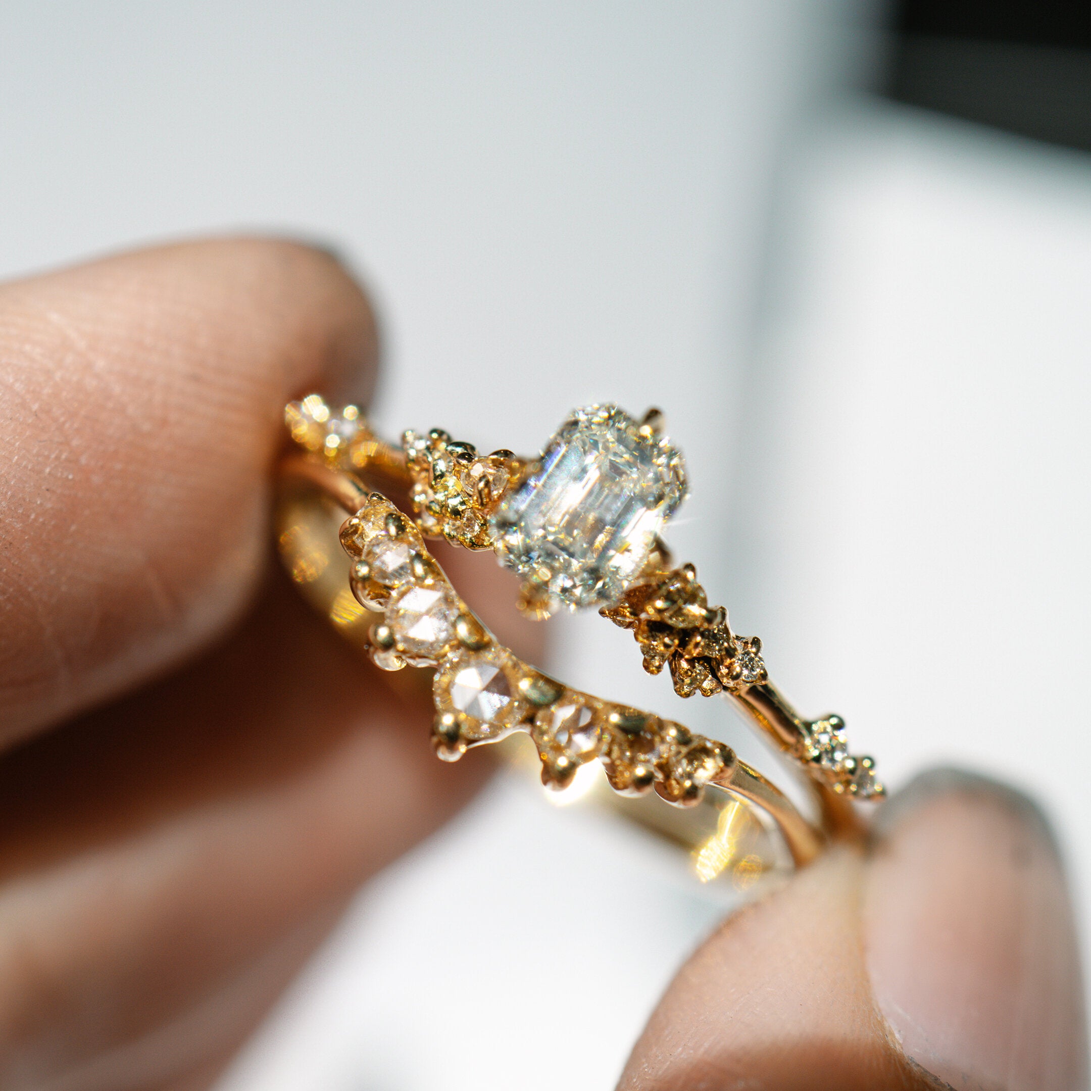 0.5ct Emerald Cut Diamond Daphne Ring, Rose Cut Diamond Beacen Ring - Laurie Fleming Jewellery