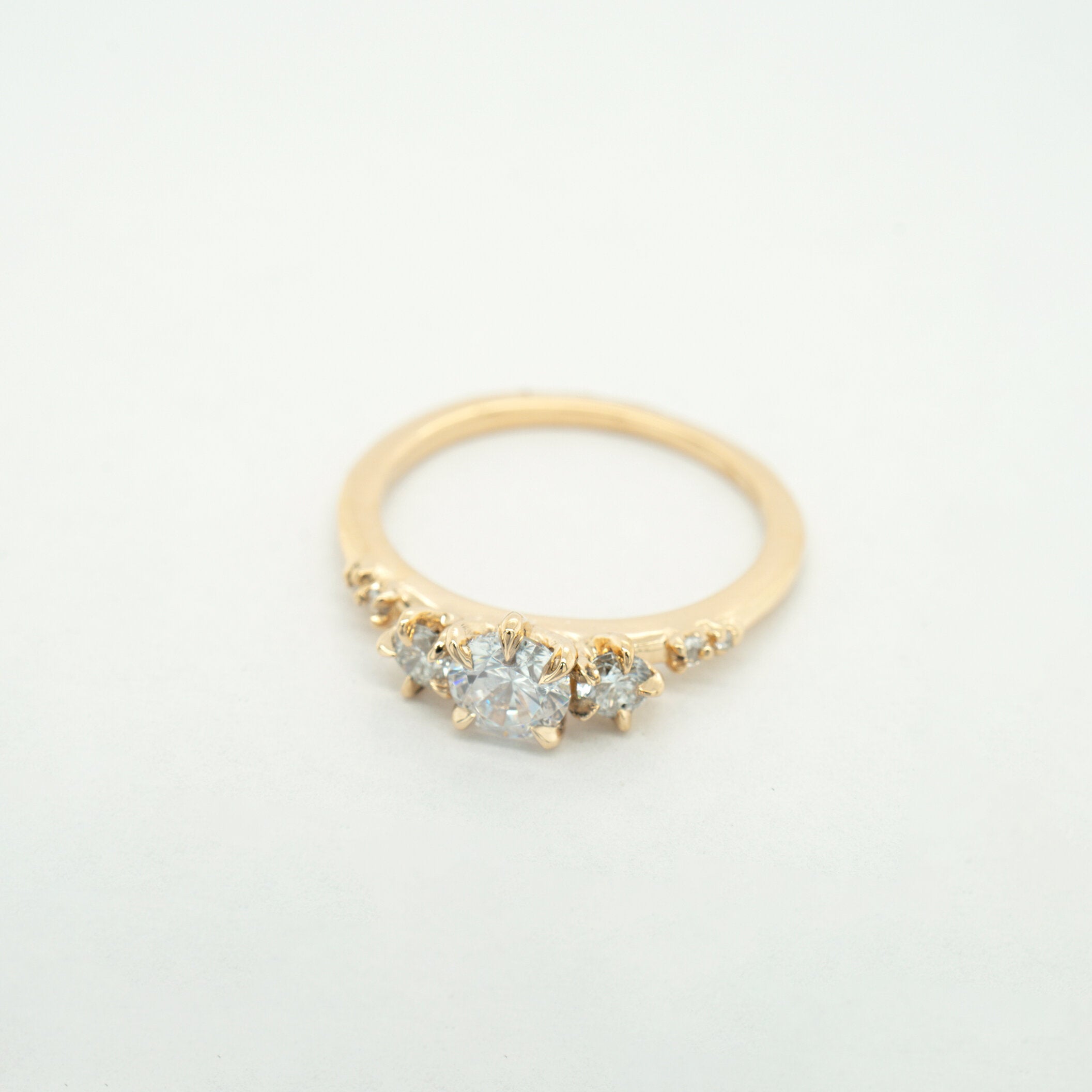 The Wild Iris three stone engagement ring by Laurie Fleming Jewellery, featuring a half carat round brilliant cut diamond centre stone with two additional round diamonds on either side and small rose and brilliant cut accent diamonds on the band. It is positioned at a three quarter view which shows the details on the band.