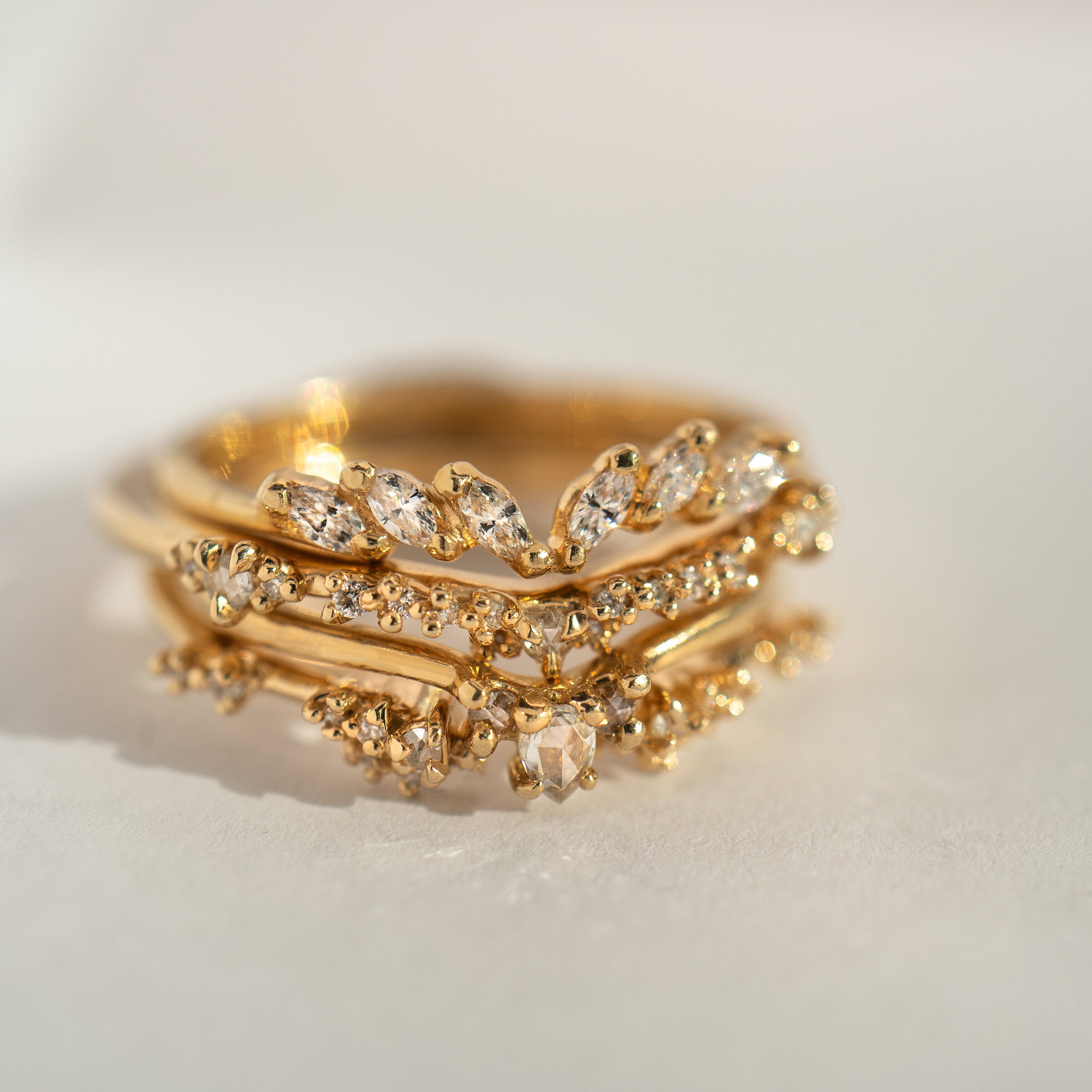 Diamond Jasmine Ring, Sylph Band, Rose Cut Pear Diamond Aika Ring, Daphne Band - Laurie Fleming Jewellery