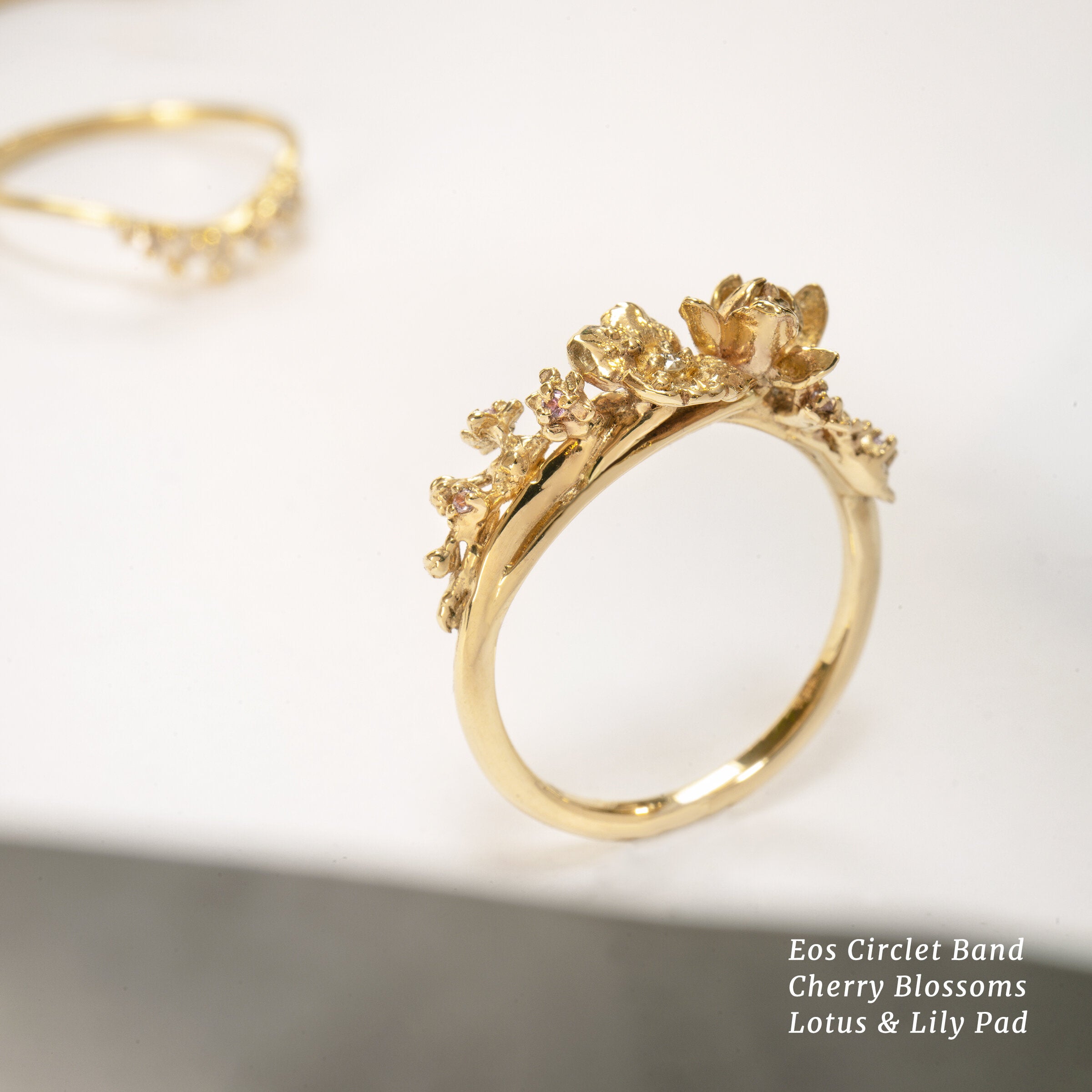 Asrai Garden Ring with Eos Circlet Band, Cherry Blossoms, Lotus and Lily Pad - Laurie Fleming Jewellery