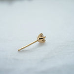 A photo showing the back of a Moondew stud earring, showing its delicately carved basket holding the stone in five claw shaped prongs.