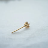 A photo showing the back of a Moondew stud earring, showing its delicately carved basket holding the stone in five claw shaped prongs.