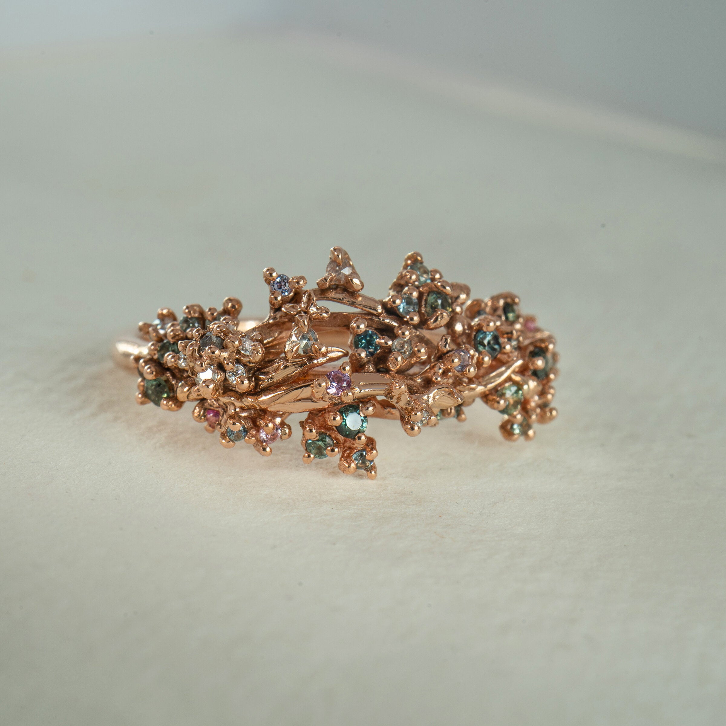 Asrai Garden Ring with Sleeping Petal Band, Narcissus Leaves, Moss, Diamond Dewdrops, Anemone, Hidden Fairy, and Lilac - Laurie Fleming Jewellery