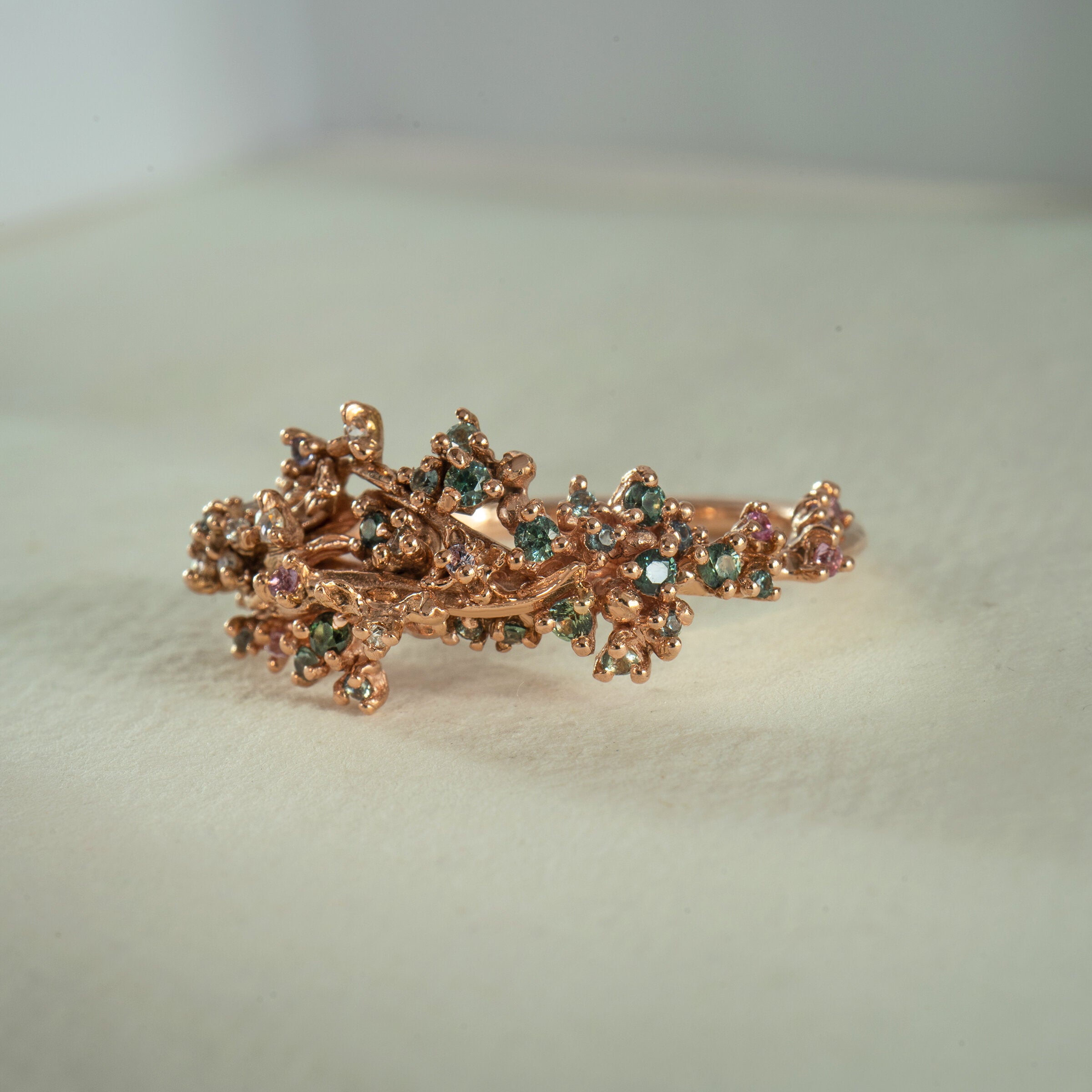 Asrai Garden Ring with Sleeping Petal Band, Narcissus Leaves, Moss, Diamond Dewdrops, Anemone, Hidden Fairy, and Lilac - Laurie Fleming Jewellery
