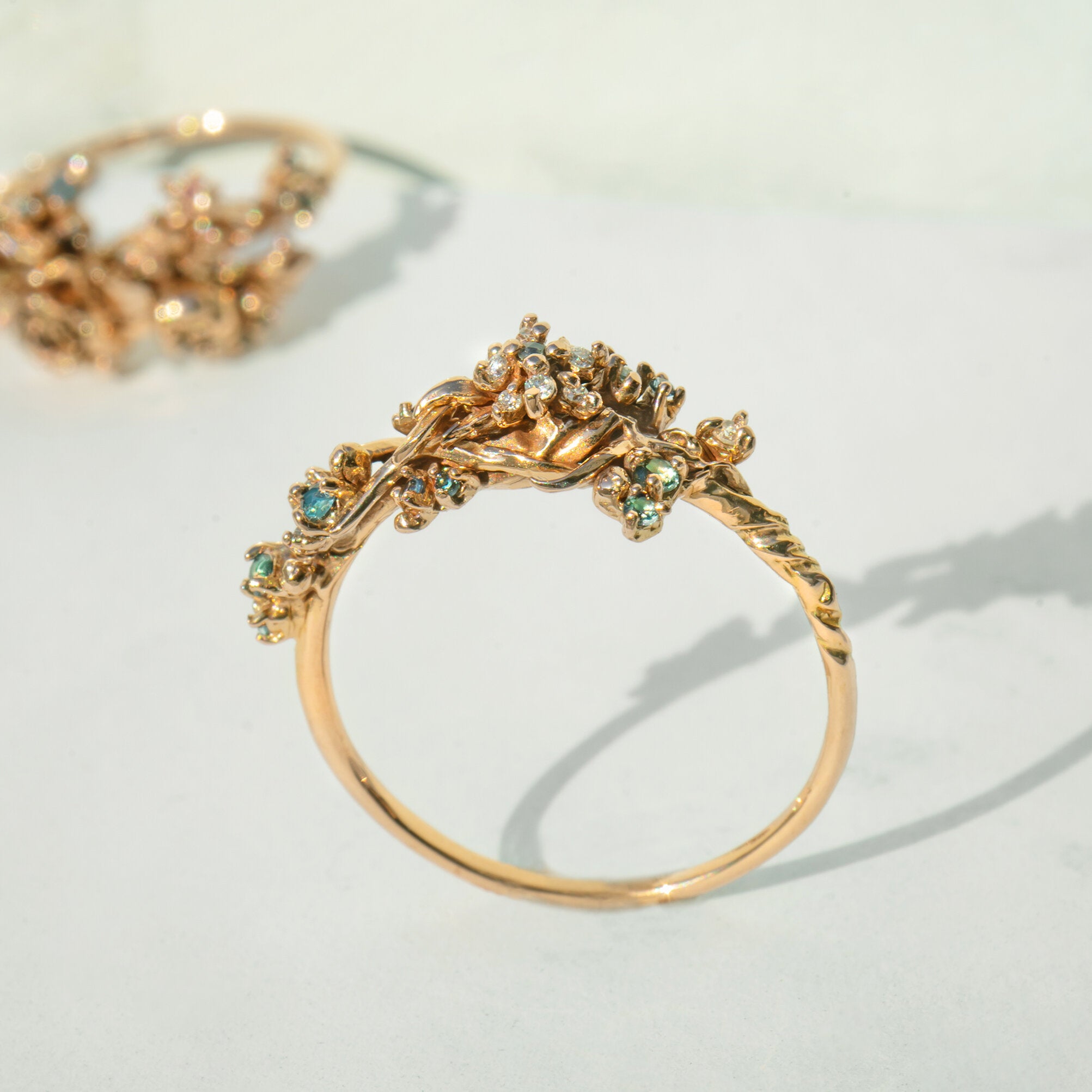 Asrai Garden Ring with Sleeping Petal Band, Narcissus Leaves, Moss, Anemone - Laurie Fleming Jewellery