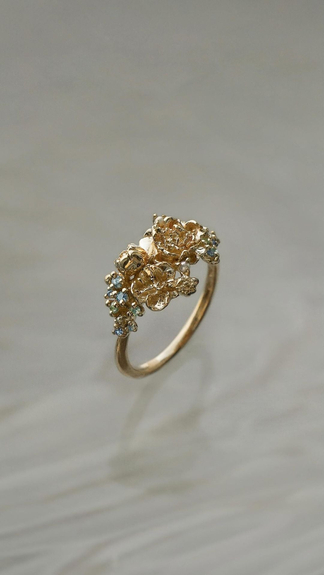 Asrai Garden Ring with Eos Circlet Band, Peonies, Moss, Orchid - Laurie Fleming Jewellery