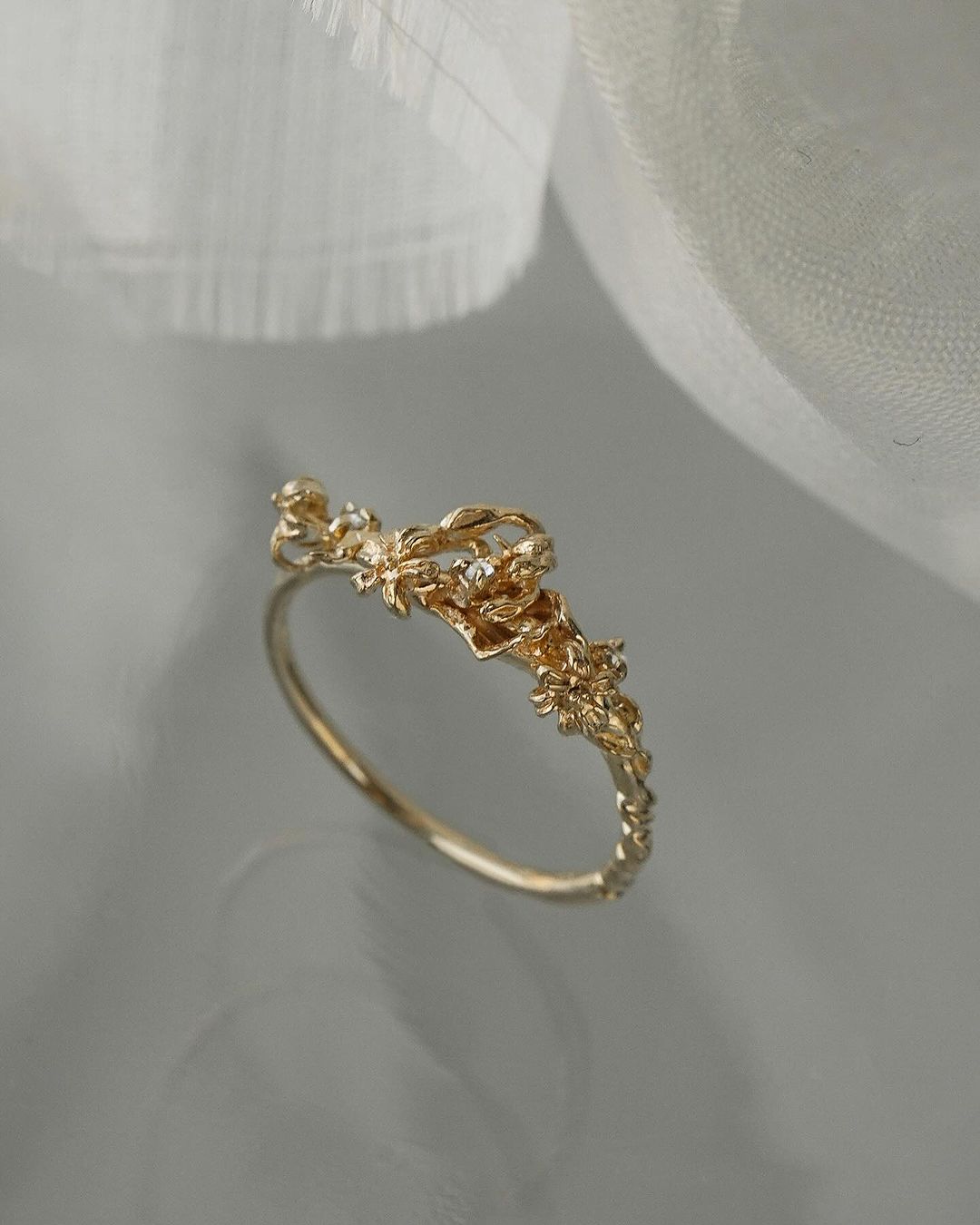 Asrai Garden Ring with Sleeping Petal Band, Calla Lily, Lilies, Diamond Dewdrops - Laurie Fleming Jewellery