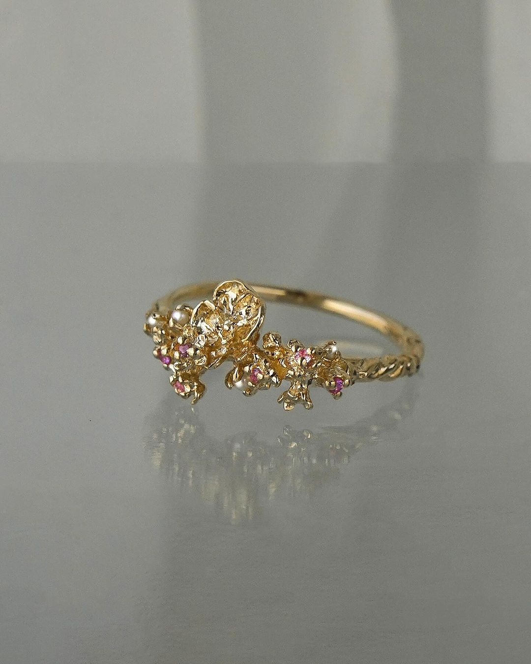 Asrai Garden Ring with Sleeping Petal Band, Cherry Blossoms, Orchid - Laurie Fleming Jewellery