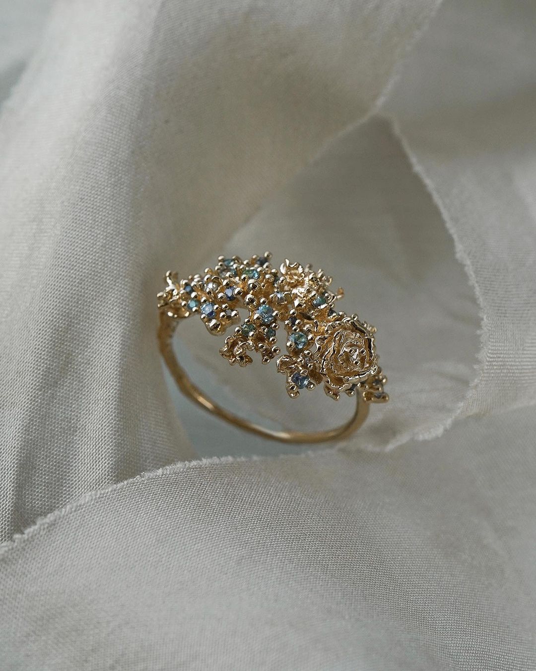 Asrai Garden Ring with Sleeping Petal Band, Diamond Dewdrops, Moss, Roses - Laurie Fleming Jewellery