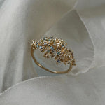 Asrai Garden Ring with Sleeping Petal Band, Diamond Dewdrops, Moss, Roses - Laurie Fleming Jewellery