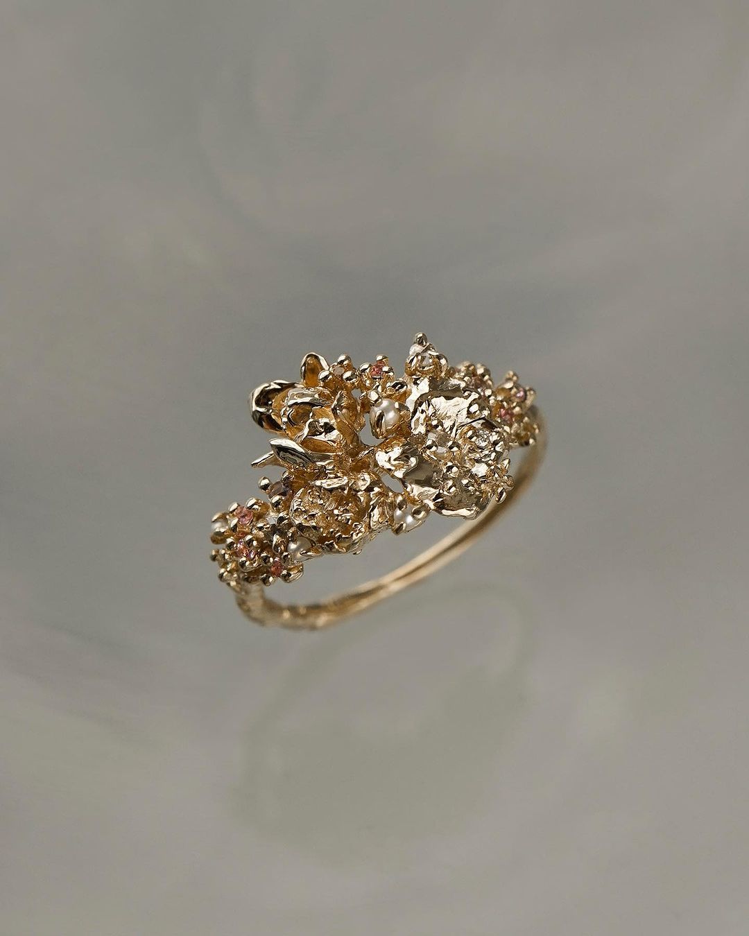 Asrai Garden Ring with Sleeping Petal Band, Lotus and Lily Pad, Lilac, Peonies, Diamond Dewdrops - Laurie Fleming Jewellery