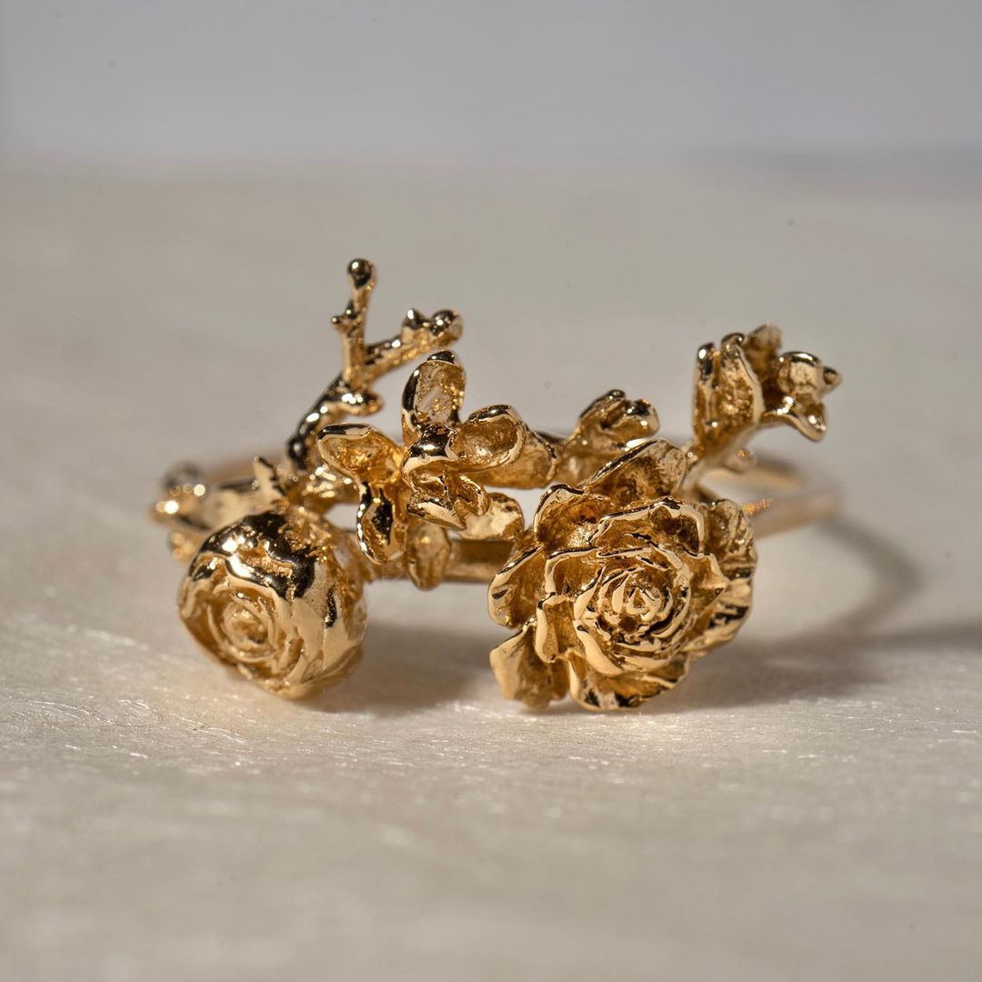 Asrai Garden Ring with Sleeping Petal Band, Magnolia Branch, Ranunculus - Laurie Fleming Jewellery