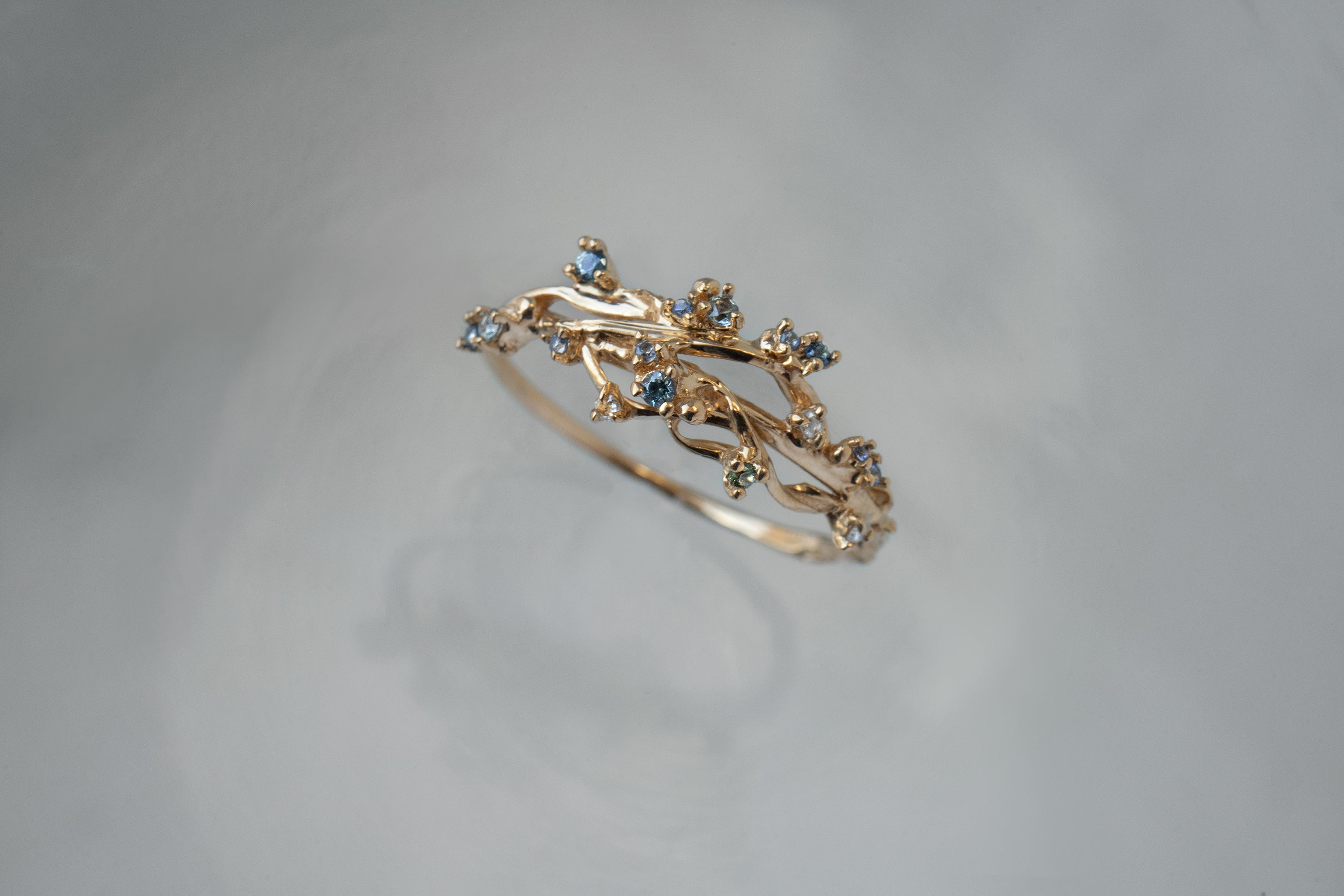 Asrai Garden Ring with Sleeping Petal Band, Narcissus Leaves, Moss, Diamond Dewdrops - Laurie Fleming Jewellery