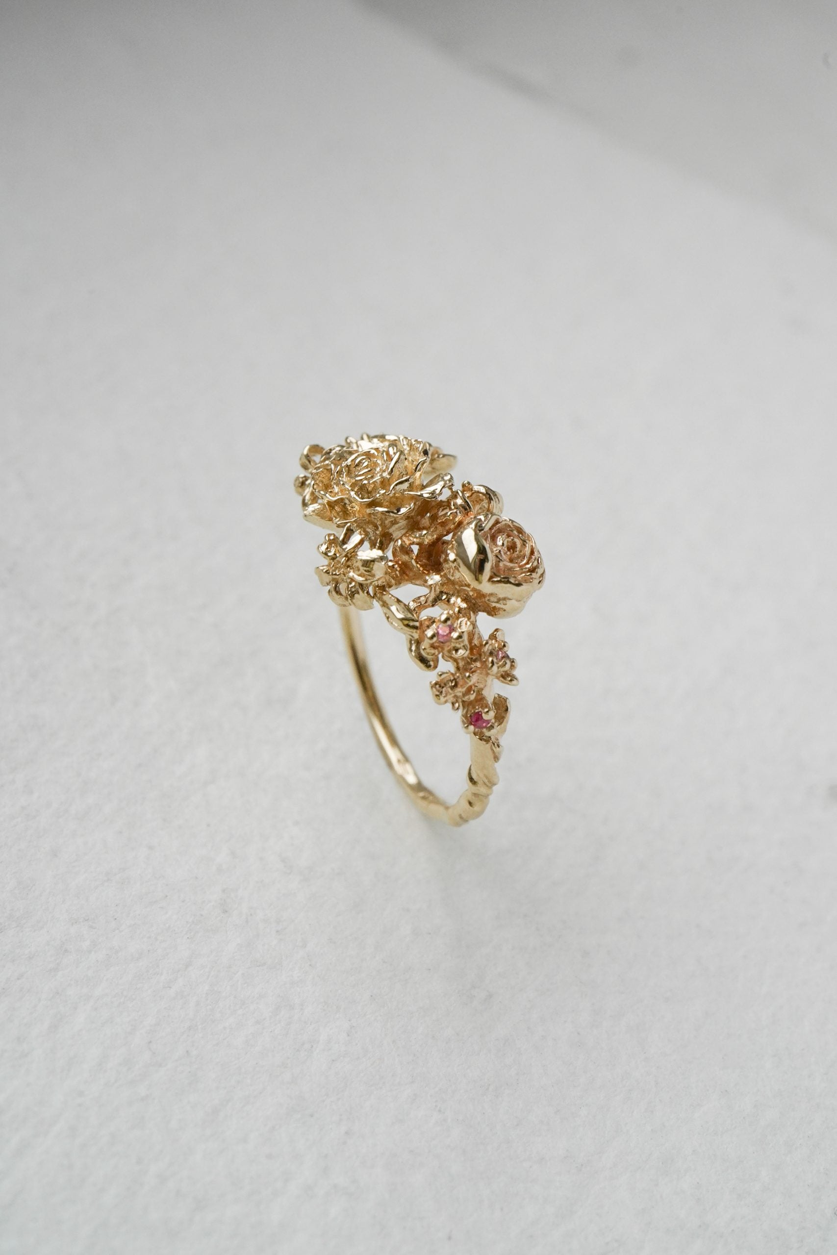 Asrai Garden Ring with Sleeping Petal Band, Cherry Blossoms, Ranunculus, Lilies - Laurie Fleming Jewellery