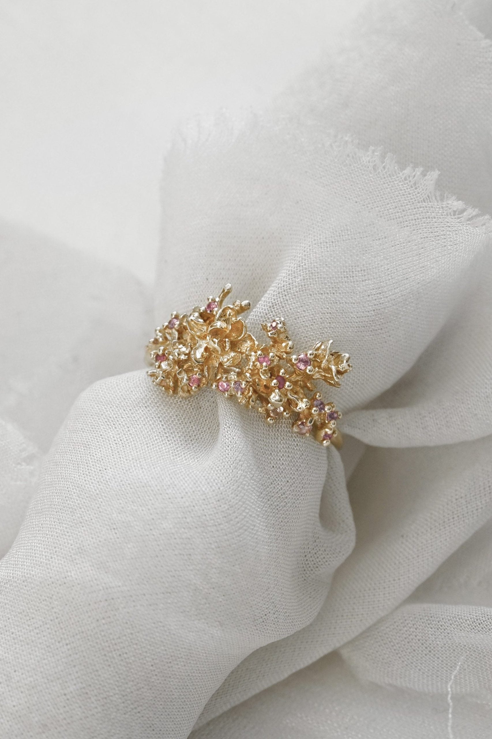 Asrai Garden Ring with Sleeping Petal Band, Cherry Blossoms, Lilac, Magnolia, Diamond Dewdrops - Laurie Fleming Jewellery