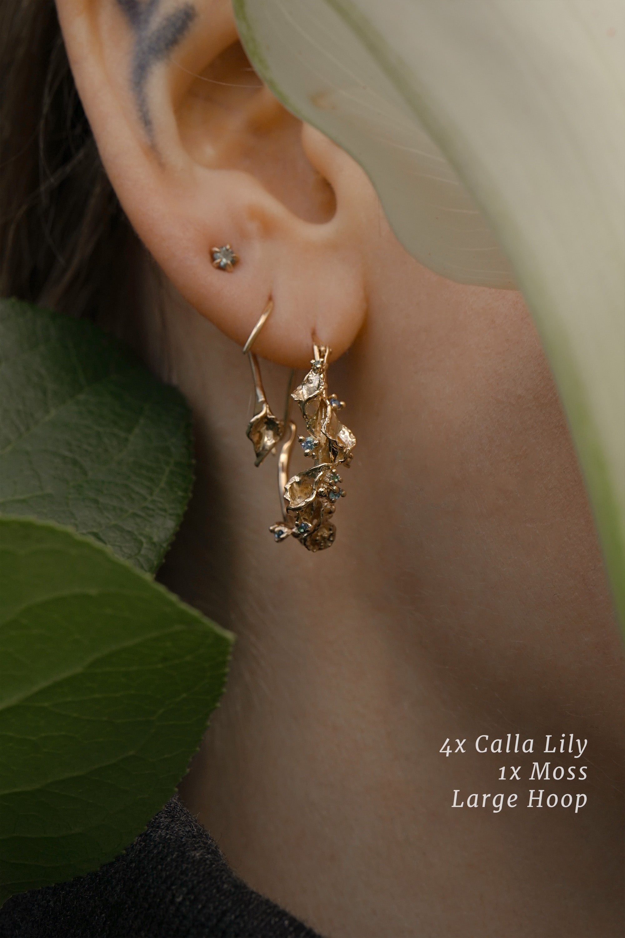 Rose Cut Diamond Moondew Stud Earring, Calla Lily Earring, Large Asrai Garden Hoop with four Calla Lily flowers and Moss - Laurie Fleming Jewellery