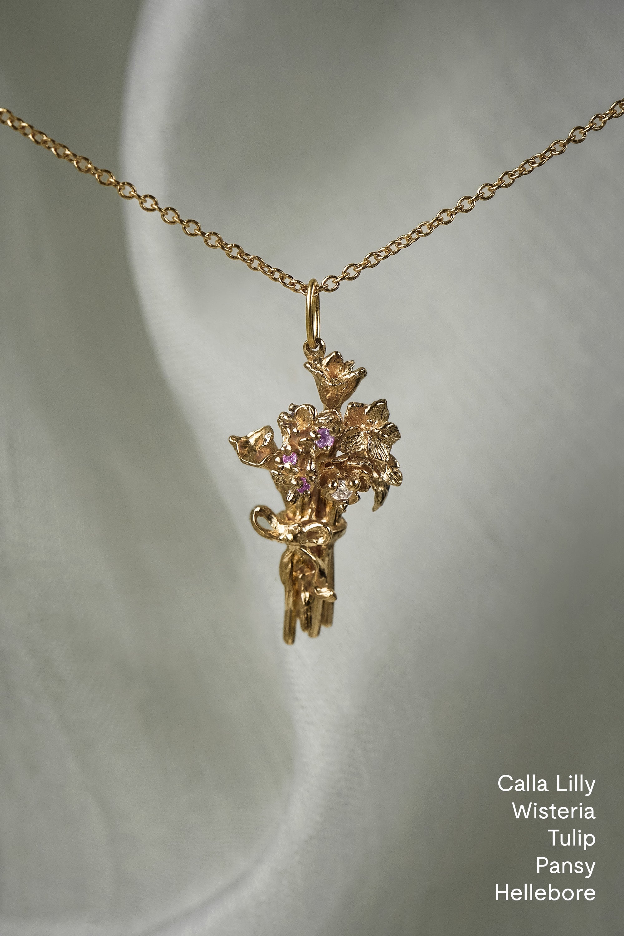 An Asrai Garden Floral Bouquet Pendant with a Ribbon, and Calla Lily, Wisteria, Tulip, Pansy, and Hellebore - Laurie Fleming Jewellery