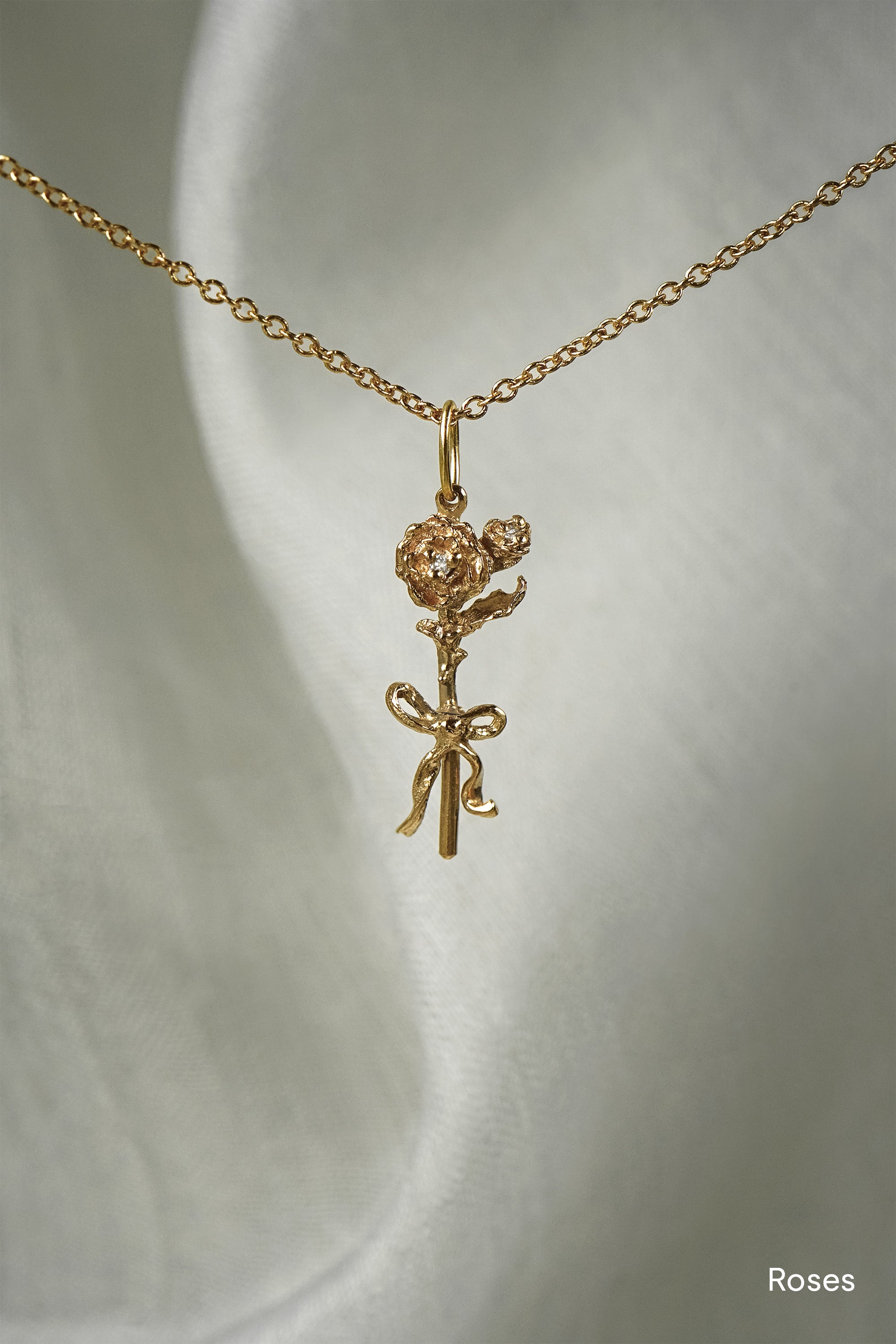 An Asrai Garden Floral Bouquet Pendant with a Ribbon and Roses - Laurie Fleming Jewellery