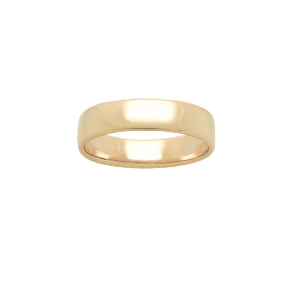 A stock photo of Laurie Fleming Jewellery's plain solid gold "Juniper" band, a 5mm wide flat comfort fit stacking ring/wedding band, handmade in Toronto. The ring is on a white background.