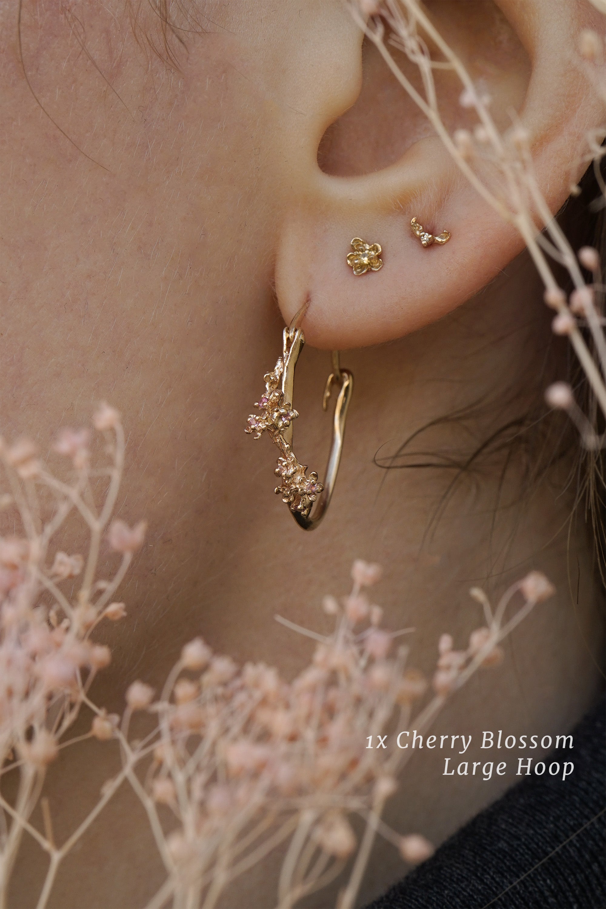 Large Asrai Garden Hoop with Cherry Blossom, Buttercup flower Stud, Hidden Fairy Earring- Laurie Fleming Jewellery