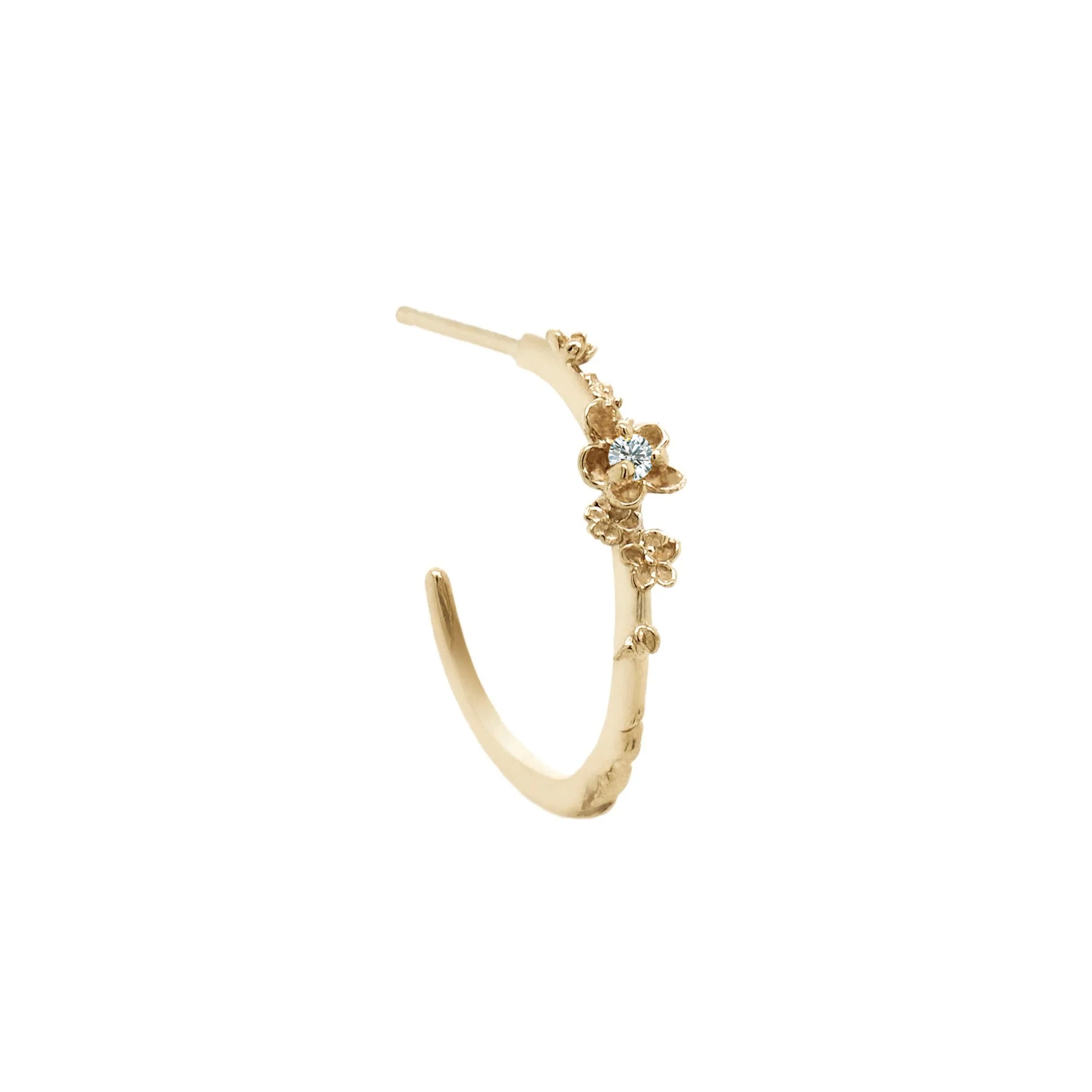 Laurie Fleming Jewellery "Large Buttercup Hoop" earring, featuring petite hand-carved buttercup flowers with a diamond centre. The earring is on a white background.