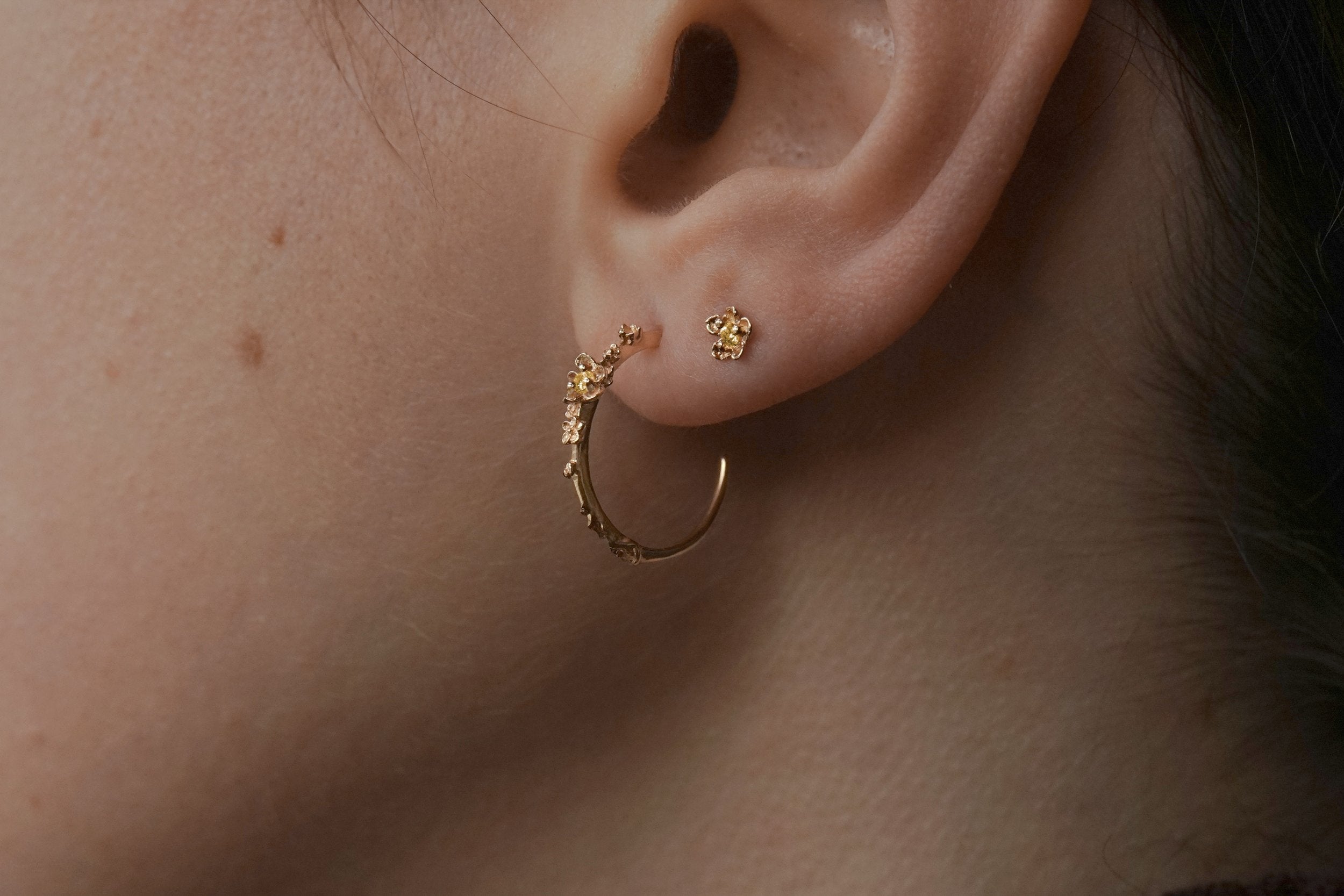 Close up of an ear wearing two Laurie Fleming Jewellery earrings; the first hole has a Large Buttercup Hoop, and the second hole has a Buttercup stud. Both earrings feature hand-carved buttercup flowers and yellow sapphires.