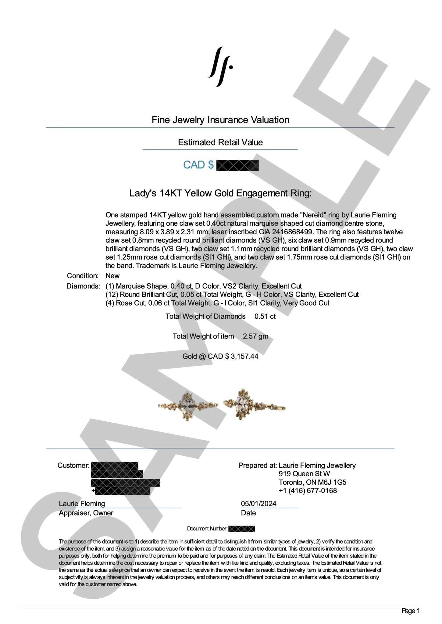 A sample of a Laurie Fleming Jewellery Fine Jewelry Insurance Valuation Document.