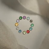 A photo of the different birthstone gems that are available in the Laurie Fleming Jewellery "Pansy" collection, arranged in a ring on a a light grey background with bits of silk at the top and bottom of the frame. From the top of the circle, clockwise:  Amethyst, Aquamarine, Diamond, Emerald, Alexandrite, Ruby, Peridot, Blue Sapphire, Australian Opal, Citrine, Tanzanite, Tsavorite Garnet.