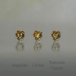 Three Pansy Stud Earrings with different centre stones. From Left to Right: Sapphire, Citrine, Tsavorite Garnet - Laurie Fleming Jewellery