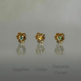 Three Pansy Stud Earrings with different centre stones. From Left to Right: Sapphire, Citrine, Tsavorite Garnet - Laurie Fleming Jewellery