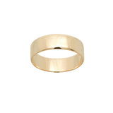 A stock photo of Laurie Fleming Jewellery's plain solid gold "Rowan" band, a 6mm wide flat comfort fit stacking ring/wedding band, handmade in Toronto. The ring is on a white background.