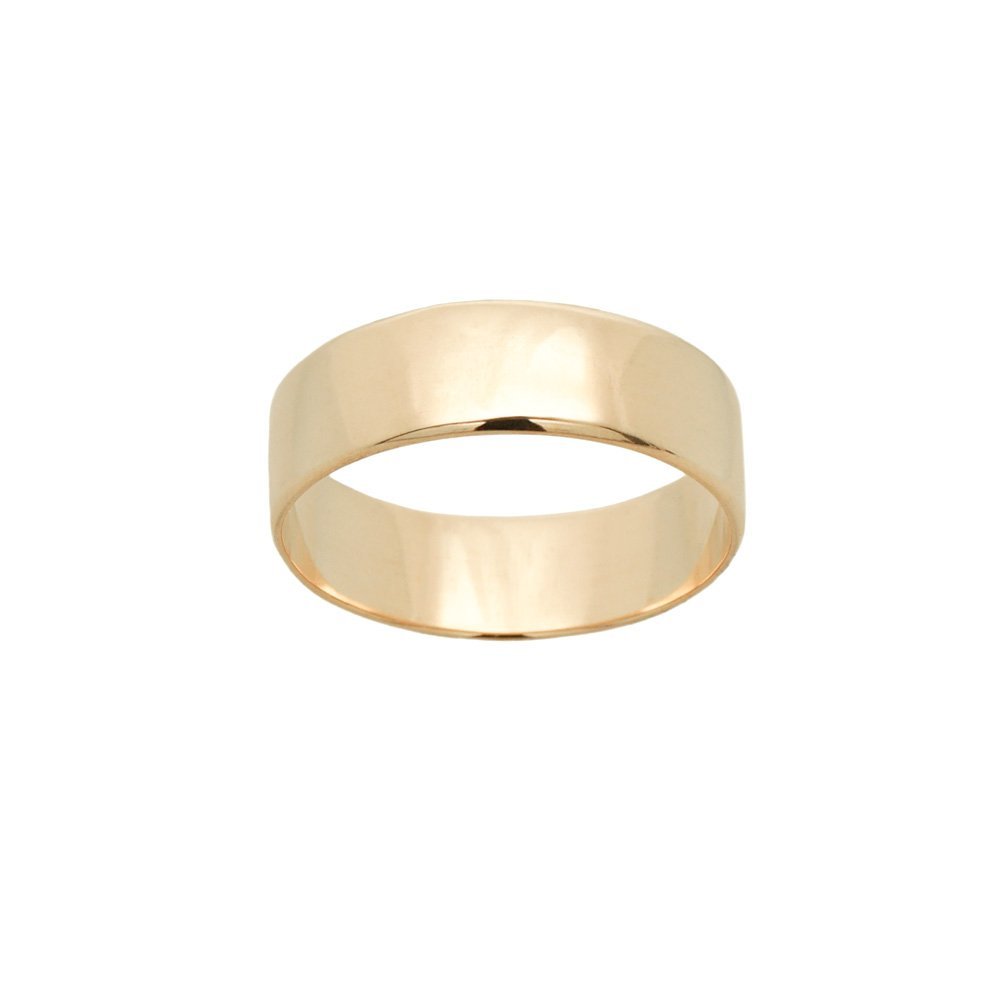 A stock photo of Laurie Fleming Jewellery's plain solid gold "Rowan" band, a 6mm wide flat comfort fit stacking ring/wedding band, handmade in Toronto. The ring is on a white background.