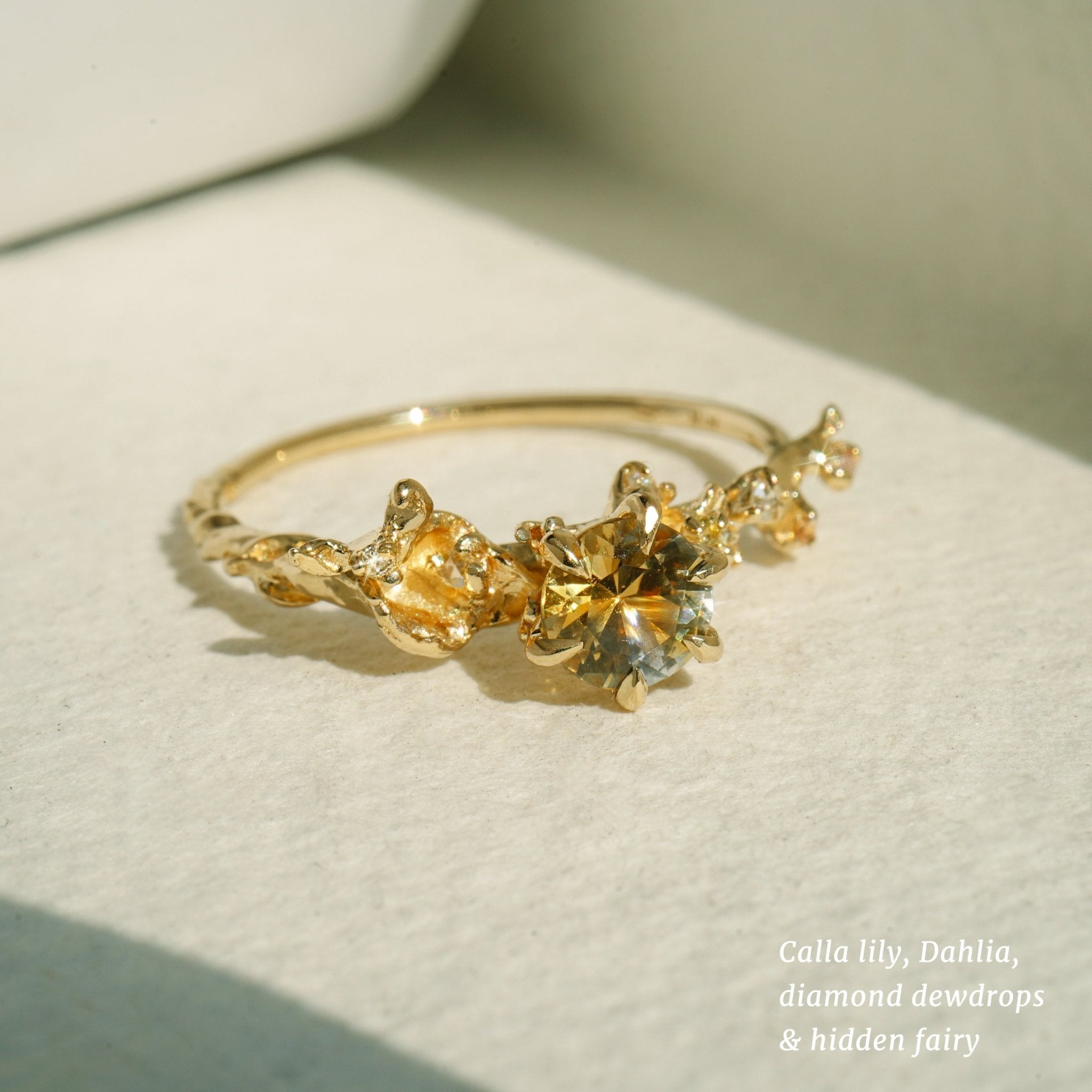 Asrai Garden Ring with Sleeping Petal Band, Calla Lily, Dahlia, Diamond Dewdrops, Hidden Fairy - Laurie Fleming Jewellery