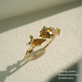 Asrai Garden Ring with Sleeping Petal Band, Calla Lily, Dahlia, Diamond Dewdrops, Hidden Fairy - Laurie Fleming Jewellery