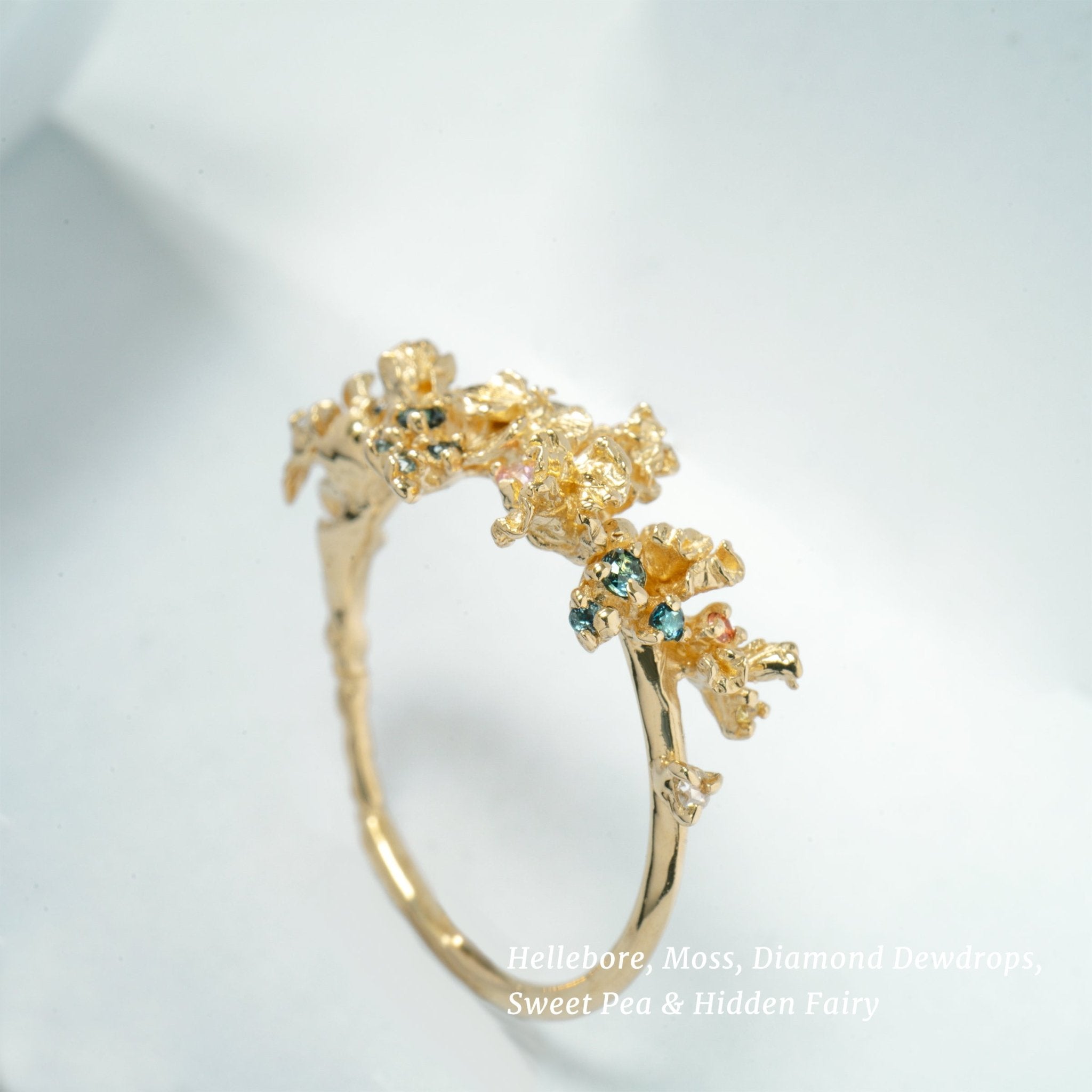 Asrai Garden Ring with Sleeping Petal Band, Hellebore, Moss, Diamond Dewdrops, Sweet Pea, Hidden Fairy - Laurie Fleming Jewellery