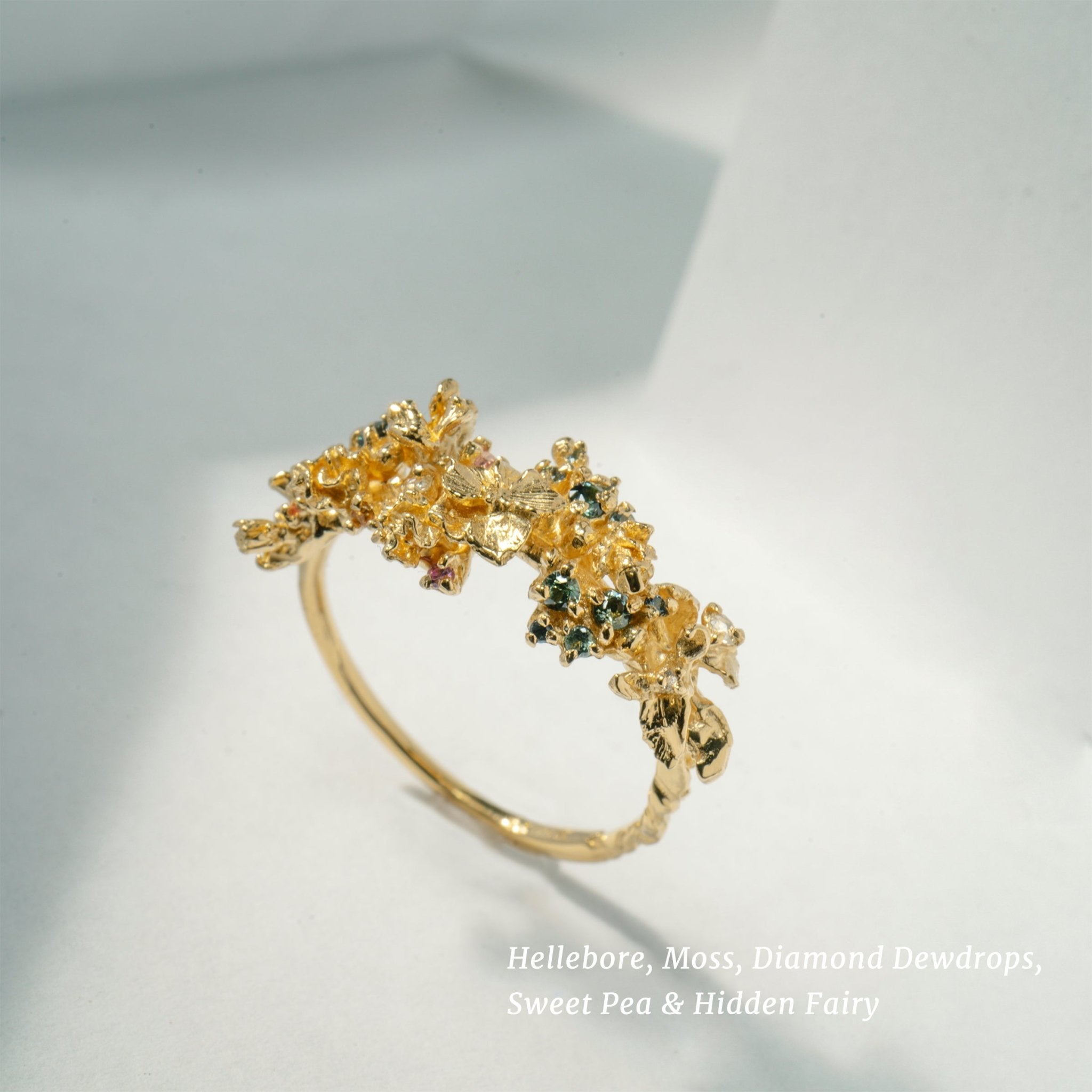 Asrai Garden Ring with Sleeping Petal Band, Hellebore, Moss, Diamond Dewdrops, Sweet Pea, Hidden Fairy - Laurie Fleming Jewellery