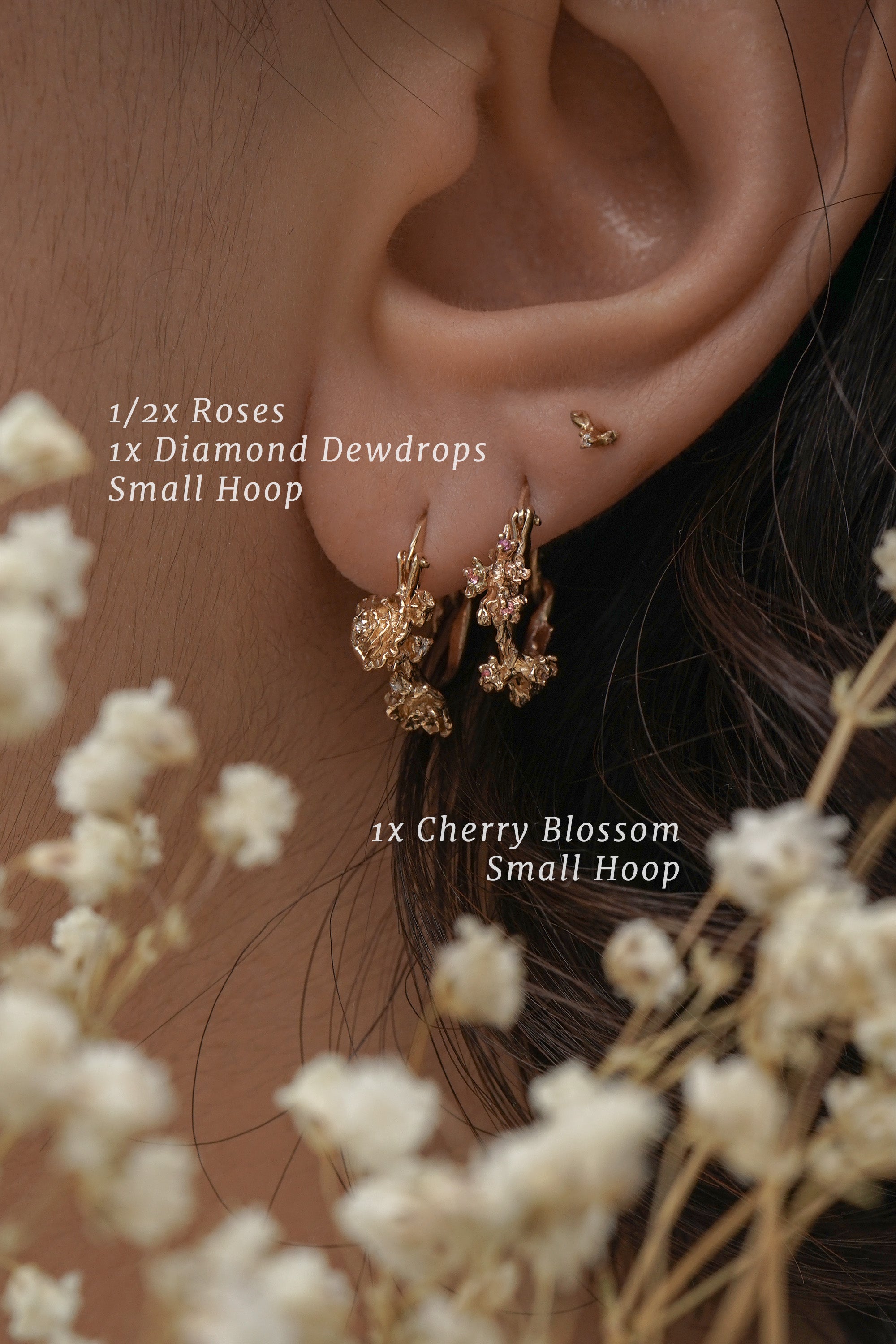 Small Asrai Garden Hoop with roses and diamond dewdrops, another small Asrai Garden hoop with cherry blossom, and a Hidden Fairy stud earring- Laurie Fleming Jewellery