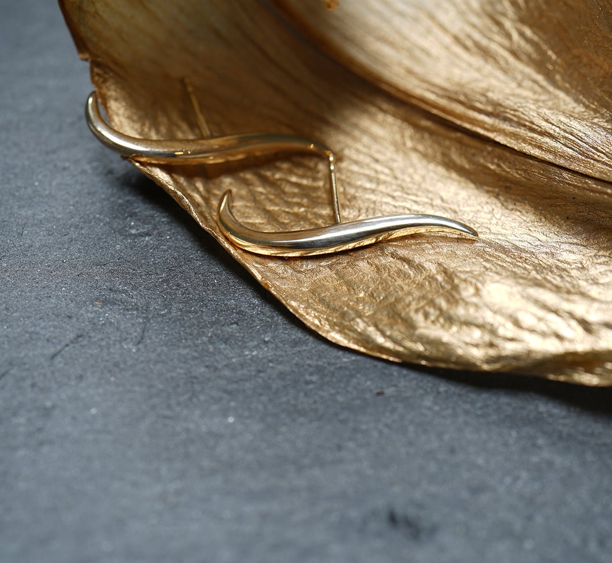 Hand-carved sculptural "Versare" earrings by Laurie Fleming Jewellery positioned on a gold leaf.