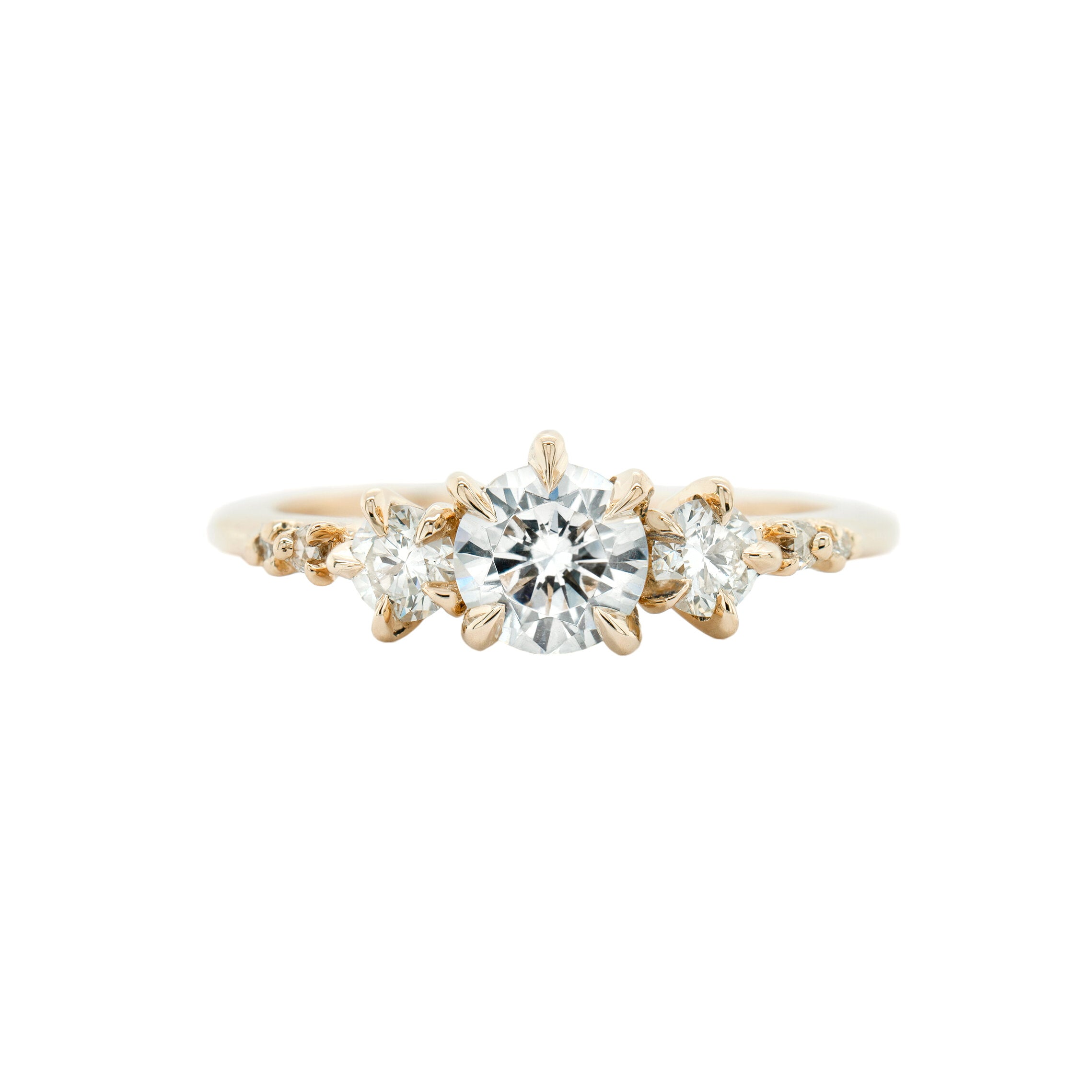 The Wild Iris three stone engagement ring by Laurie Fleming Jewellery, featuring a half carat round brilliant cut diamond centre stone with two additional round diamonds on either side and small rose and brilliant cut accent diamonds on the band.