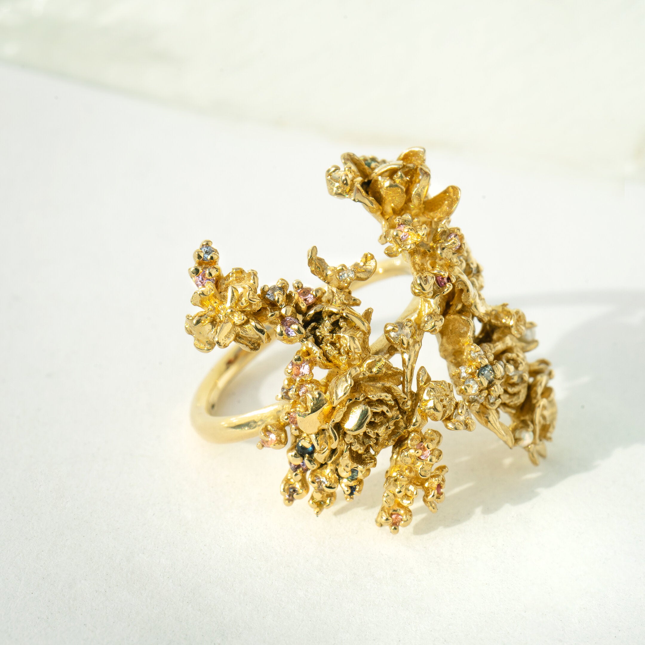 Asrai Garden Ring with Eos Band, Peonies, Lilacs, Hidden Fairy, Iris, Cherry Blossoms, Anemone, Diamond Dewdrops, and more that are not visible  - Laurie Fleming Jewellery