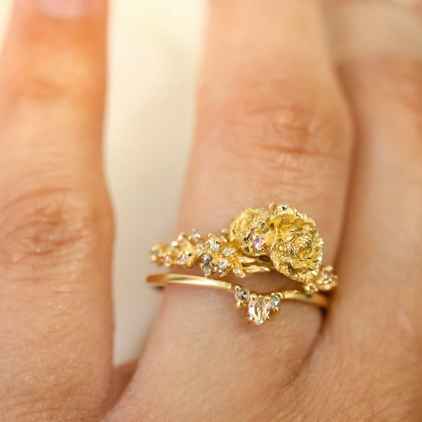 Rose Cut Pear Aika Ring and Asrai Garden Ring with Eos Band, Anemone, Lilacs, and Ranunculus - Laurie Fleming Jewellery