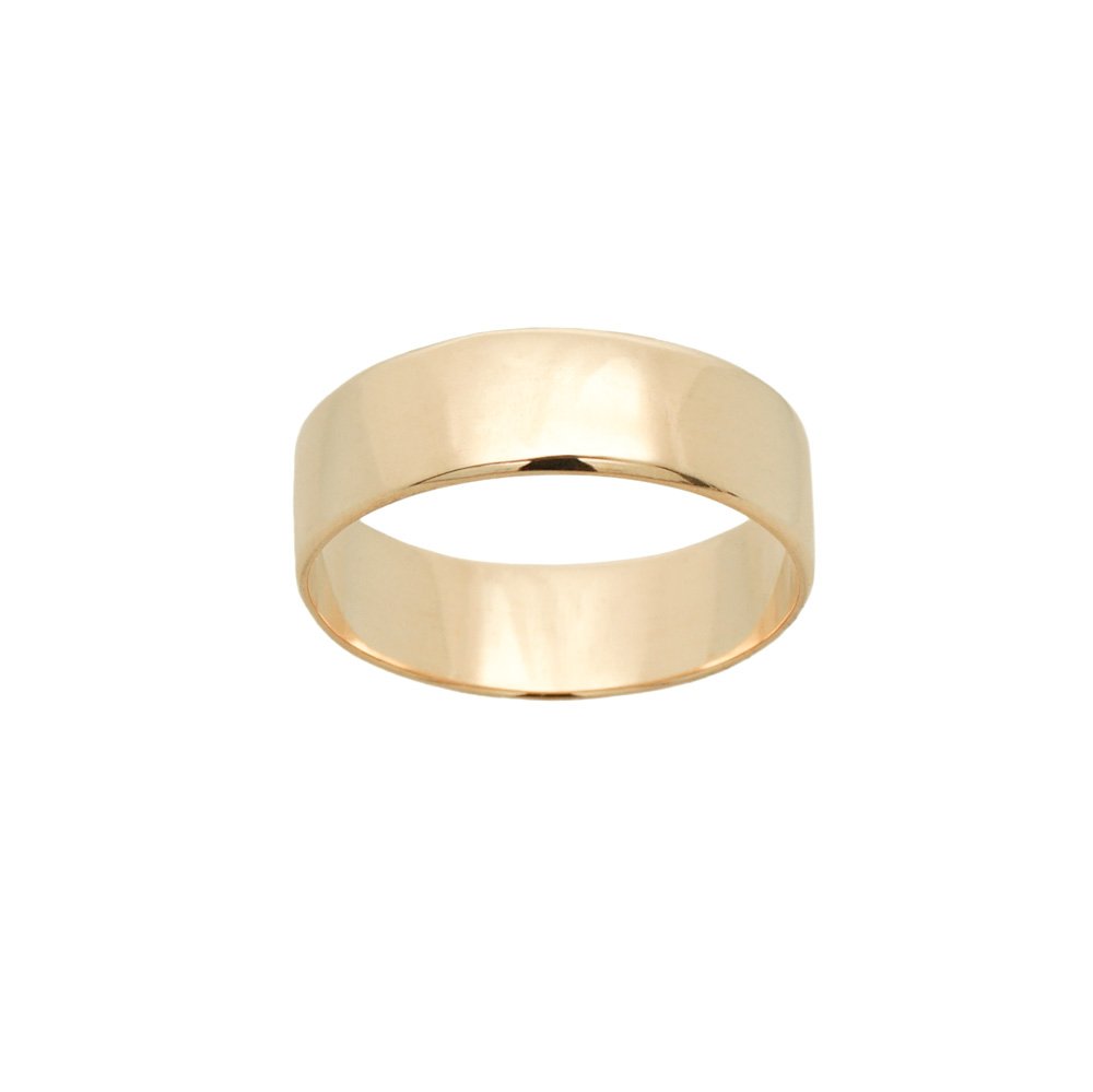 A stock photo of Laurie Fleming Jewellery's plain solid gold "Rowan" band, a 6mm wide flat comfort fit stacking ring/wedding band, handmade in Toronto. The ring is on a white background.