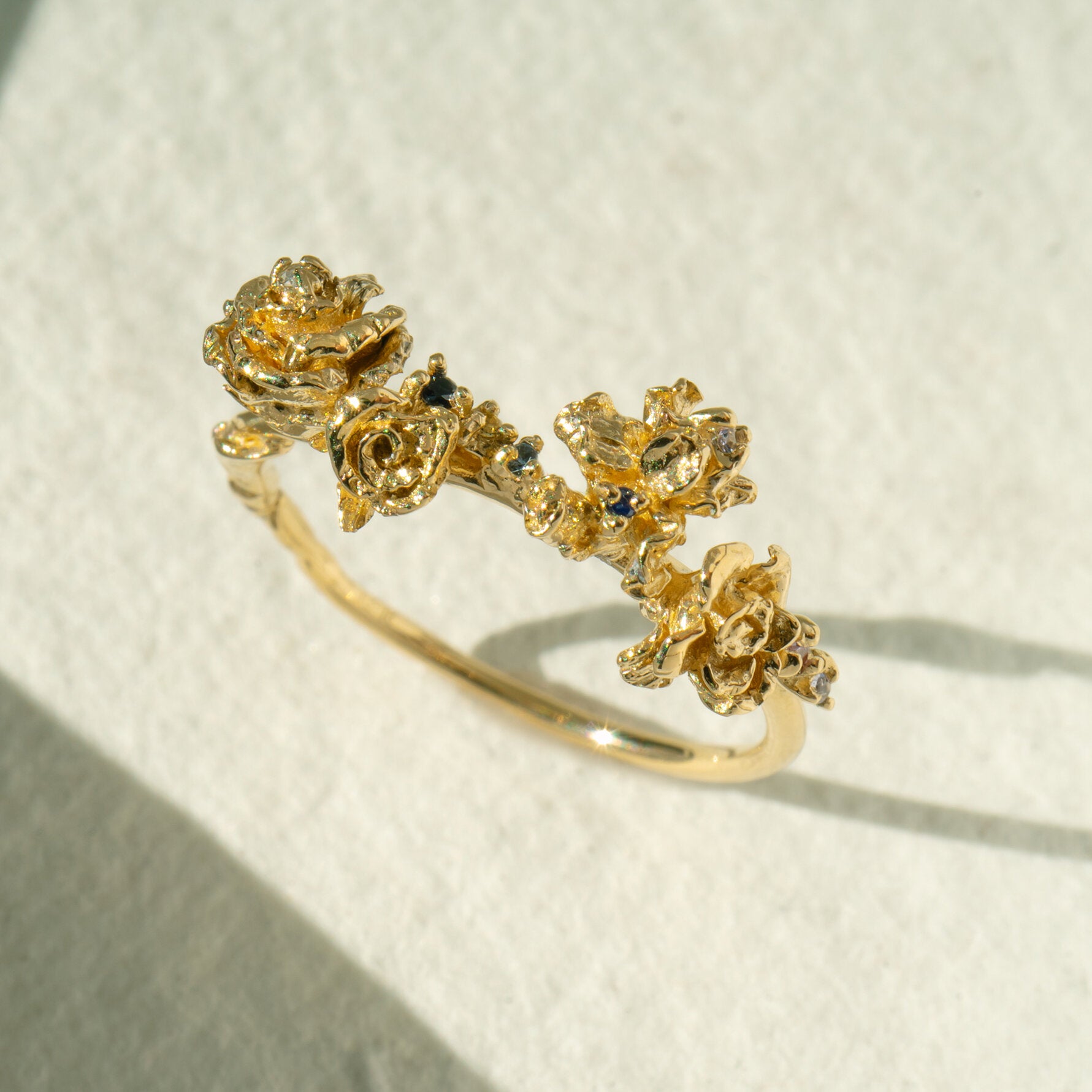 Asrai Garden Ring with Sleeping Petal Band, Roses, Iris  - Laurie Fleming Jewellery
